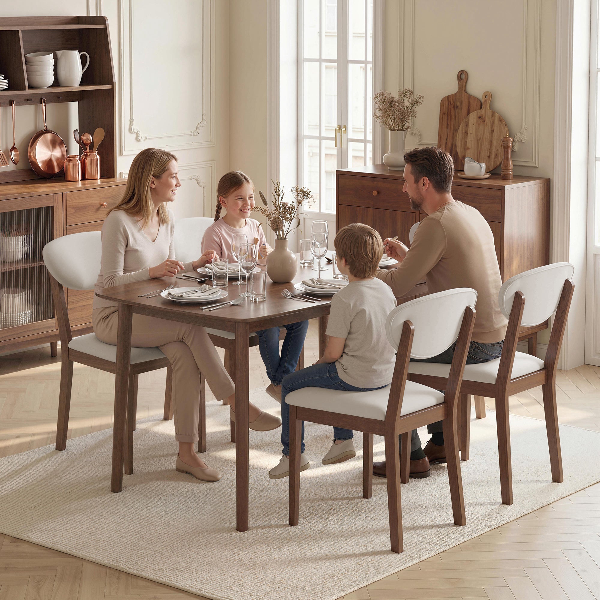 5-Piece Dining Table Set for 4, Mid-Century Modern Kitchen Table and Chairs with Padded Seats and Backrests, Solid Wood Frame for Small Space, Dining Room, Living Room, Cream White
