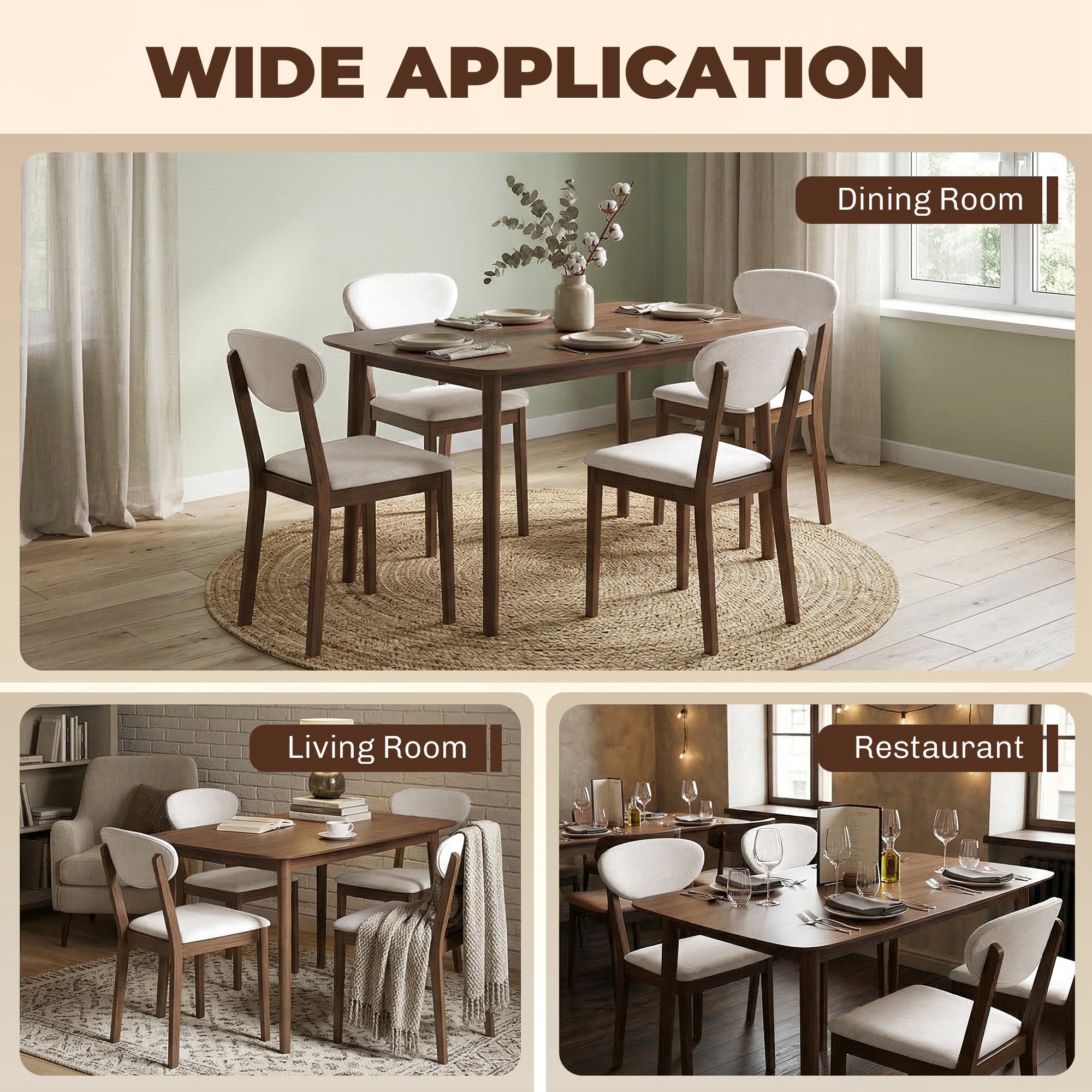 5-Piece Dining Table Set for 4, Mid-Century Modern Kitchen Table and Chairs with Padded Seats and Backrests, Solid Wood Frame for Small Space, Dining Room, Living Room, Cream White