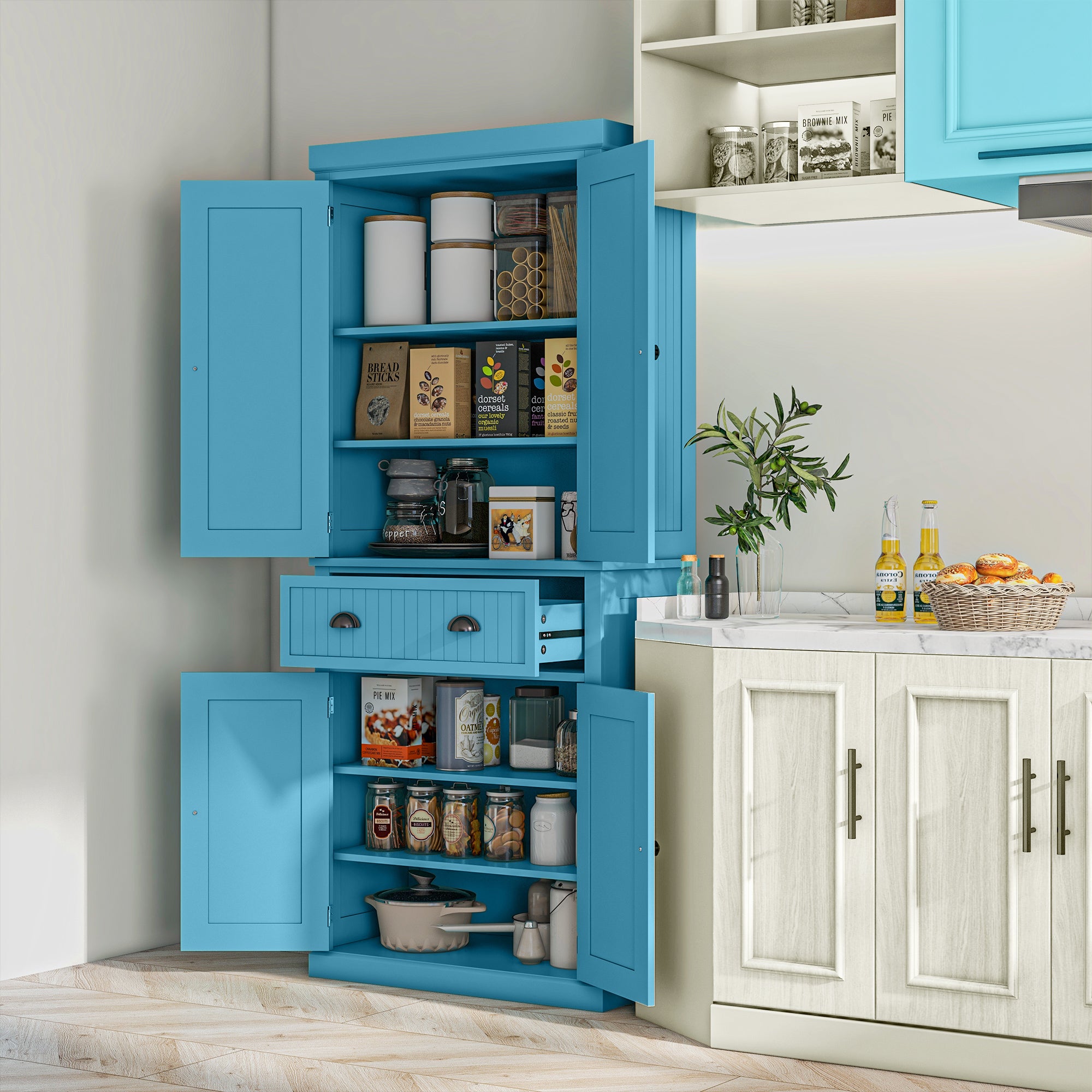 72" Kitchen Pantry Storage Cabinet Cupboard w/ 4 Doors and 3 Adjustable Shelves Light Blue