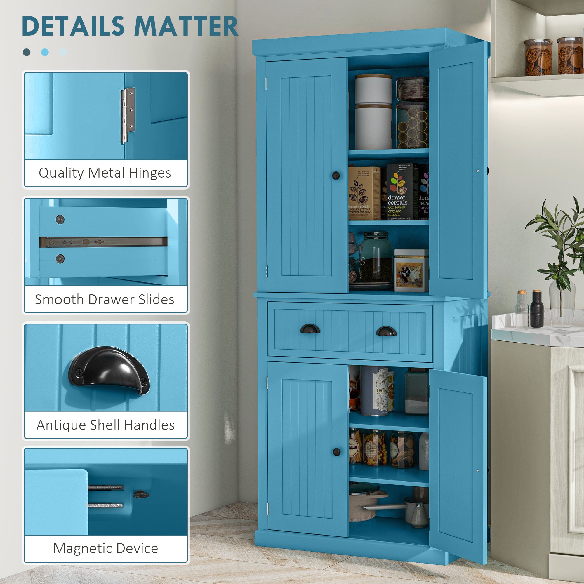 72" Kitchen Pantry Storage Cabinet Cupboard w/ 4 Doors and 3 Adjustable Shelves Light Blue