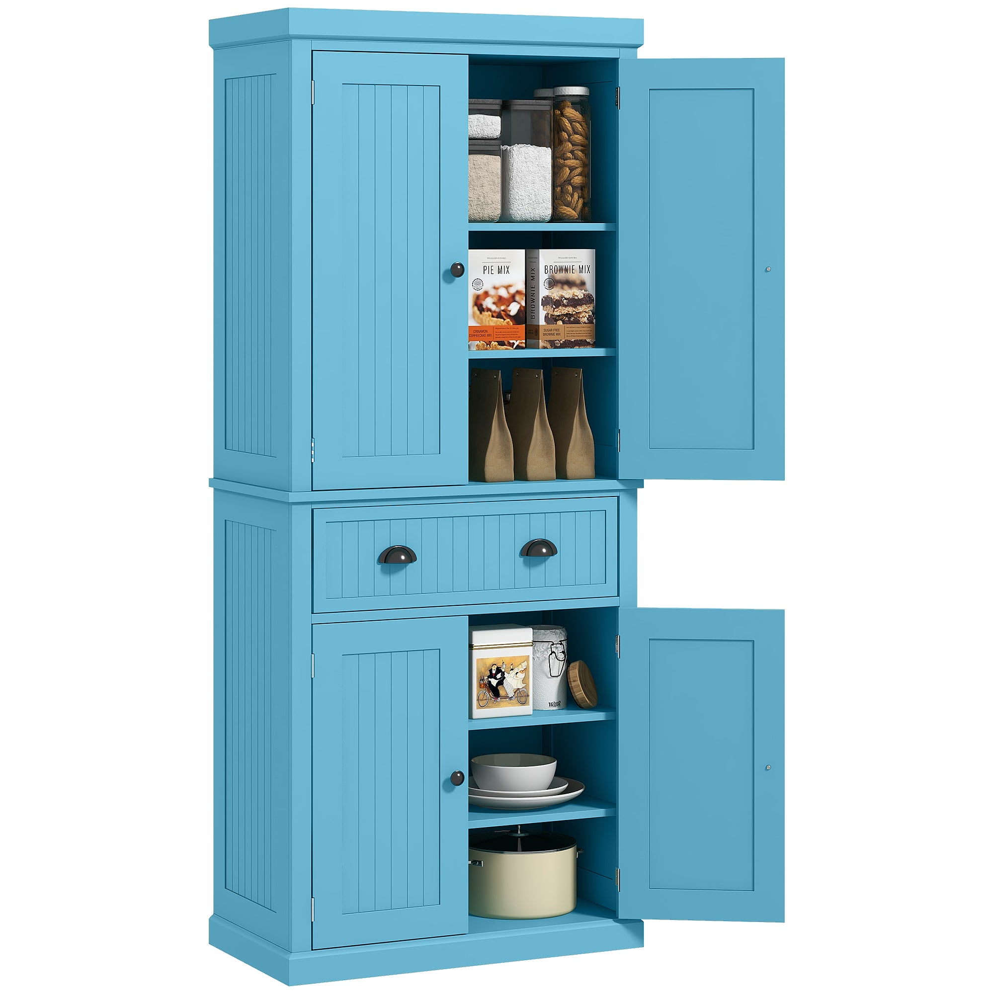 72" Kitchen Pantry Storage Cabinet Cupboard w/ 4 Doors and 3 Adjustable Shelves Light Blue