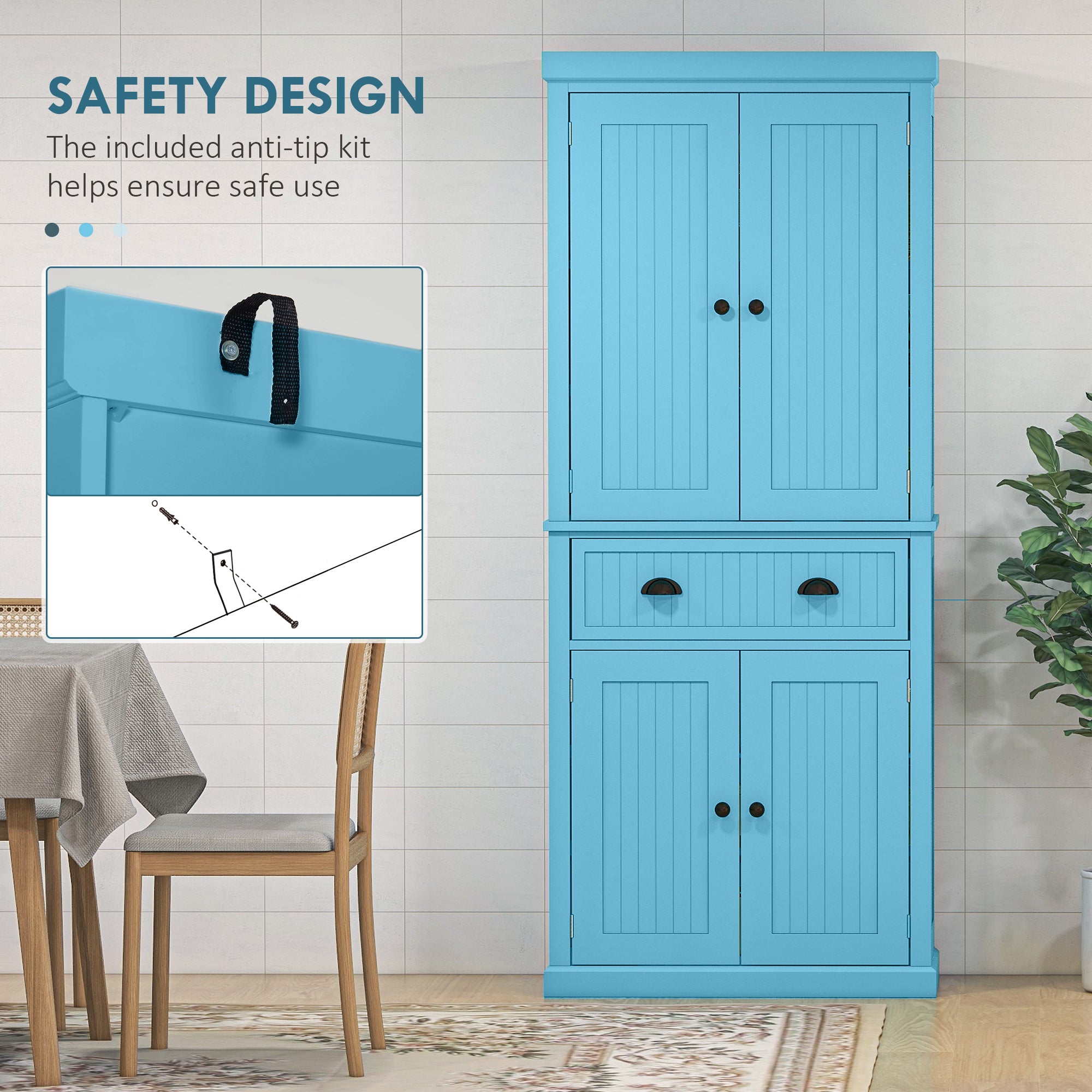 72" Kitchen Pantry Storage Cabinet Cupboard w/ 4 Doors and 3 Adjustable Shelves Light Blue