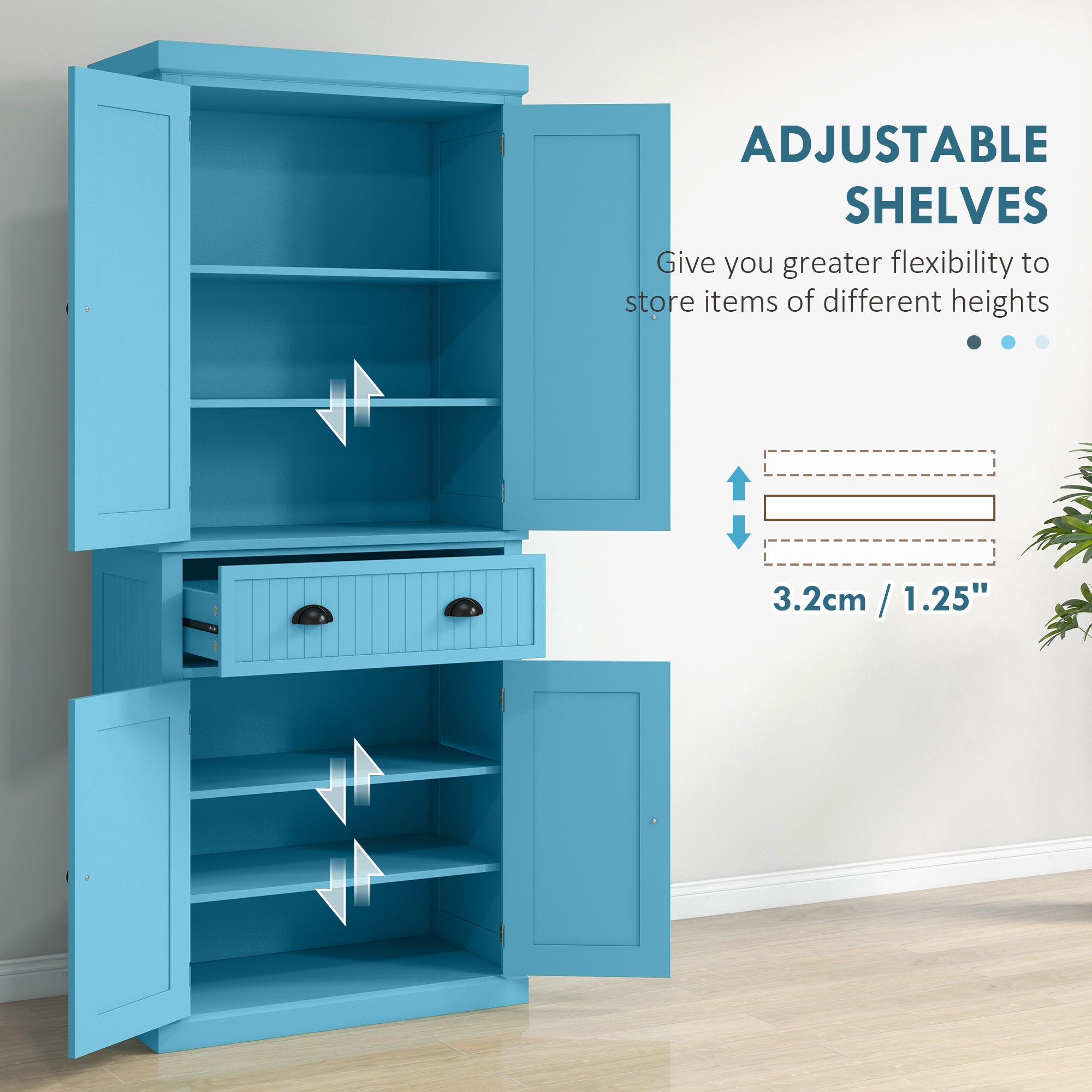 72" Kitchen Pantry Storage Cabinet Cupboard w/ 4 Doors and 3 Adjustable Shelves Light Blue
