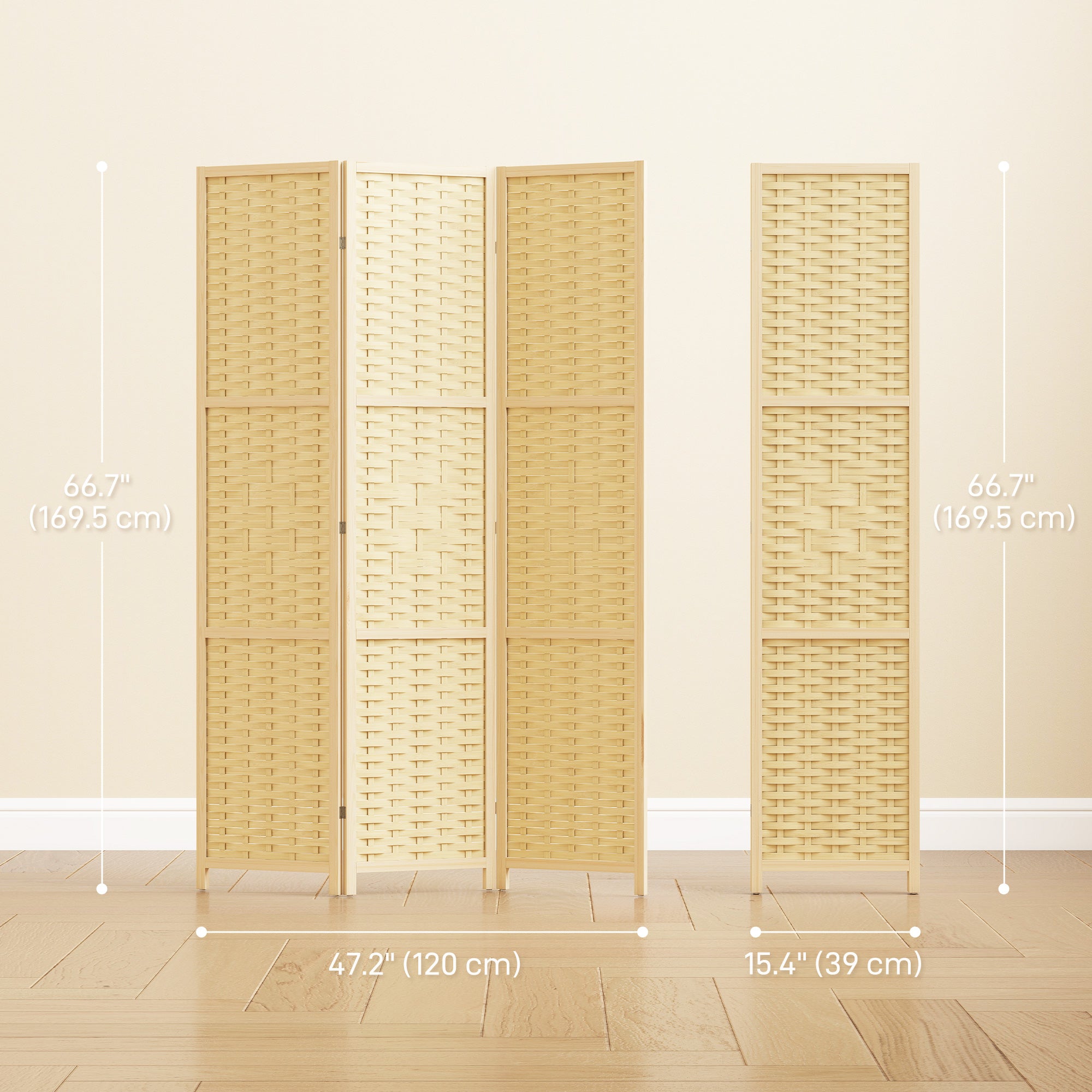 3-Panel Room Divider, 5.6 FT Bamboo Wave Freestanding Folding Privacy Screen, Partition Wall Divider for Indoor, Bedroom, Office, Natural Wood