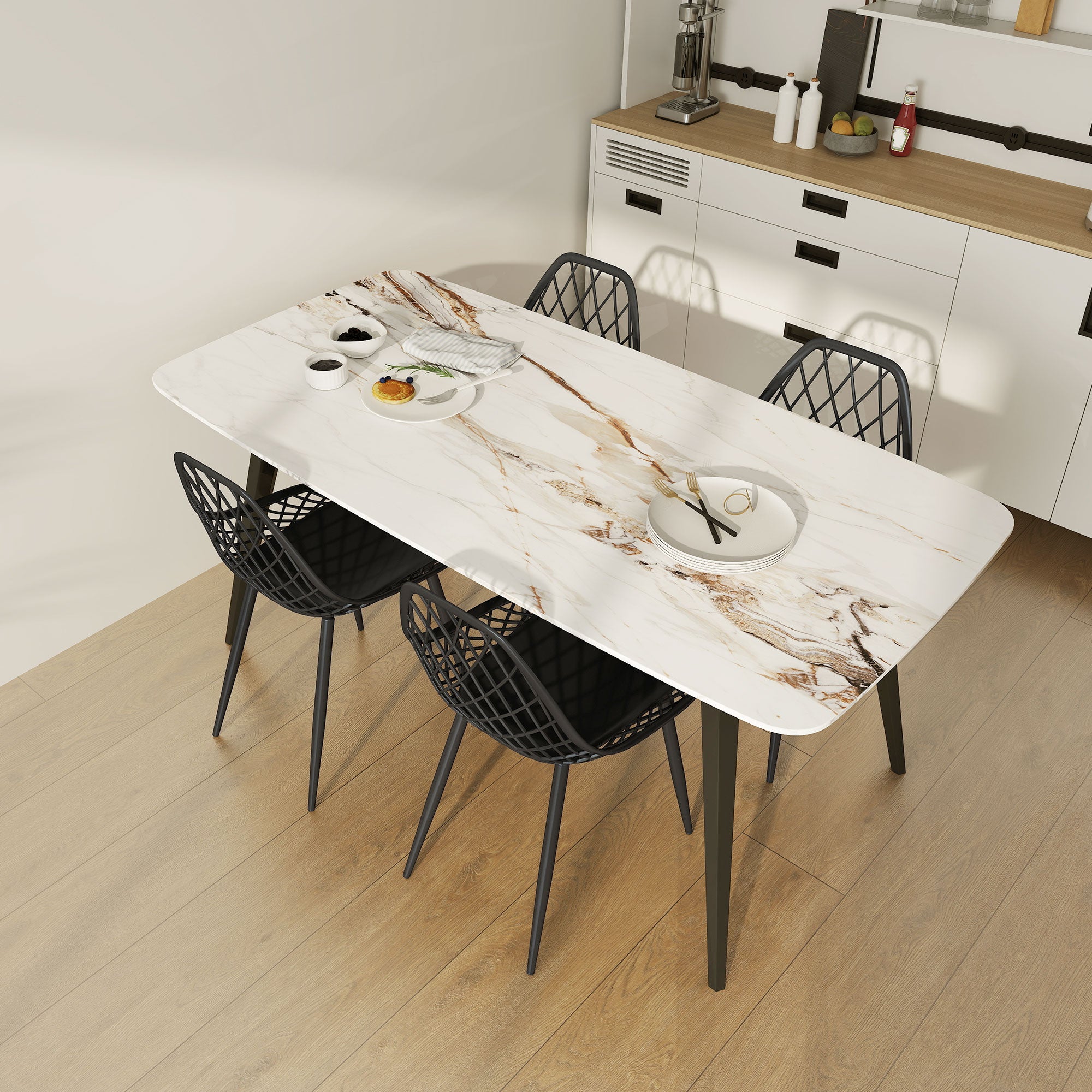 Plastic Dining Chairs Set of 4, Modern Kitchen Chairs with Hollow Backrest and Metal Legs for Living Room, Dining Room, Home Office, Black