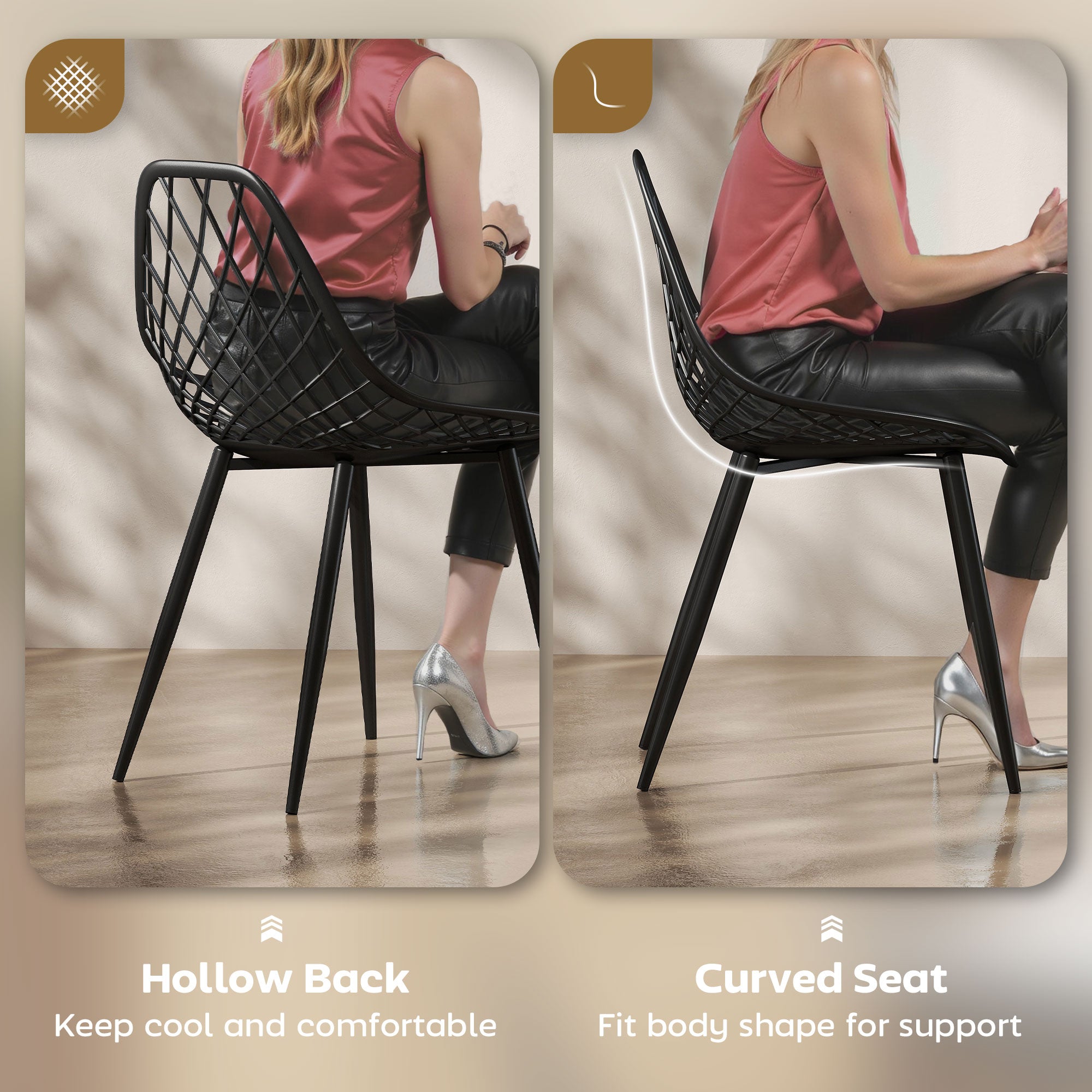 Plastic Dining Chairs Set of 4, Modern Kitchen Chairs with Hollow Backrest and Metal Legs for Living Room, Dining Room, Home Office, Black