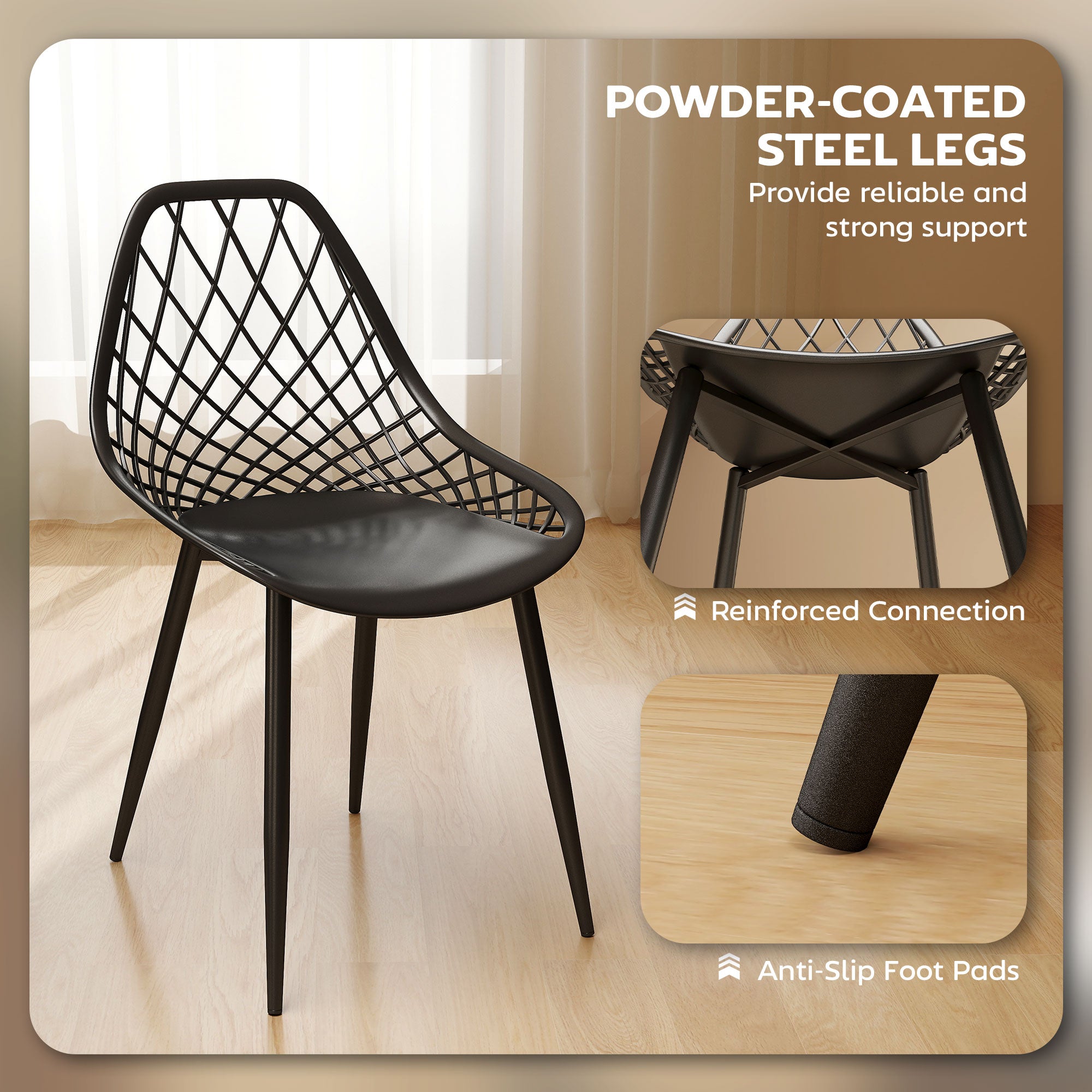 Plastic Dining Chairs Set of 4, Modern Kitchen Chairs with Hollow Backrest and Metal Legs for Living Room, Dining Room, Home Office, Black