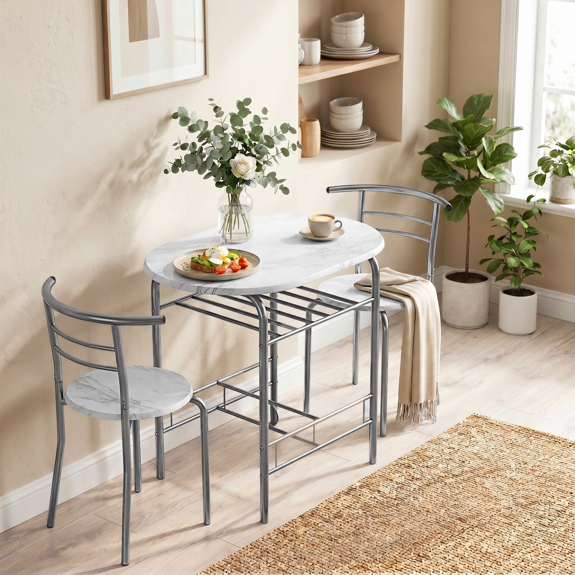 Dining Table and Chairs Set 3, Breakfast Bar Table and 2 Chairs with Storage Shelf, Marble-Effect Tabletop, Metal Frame, Dining Room Set for Living Room, Small Space, White