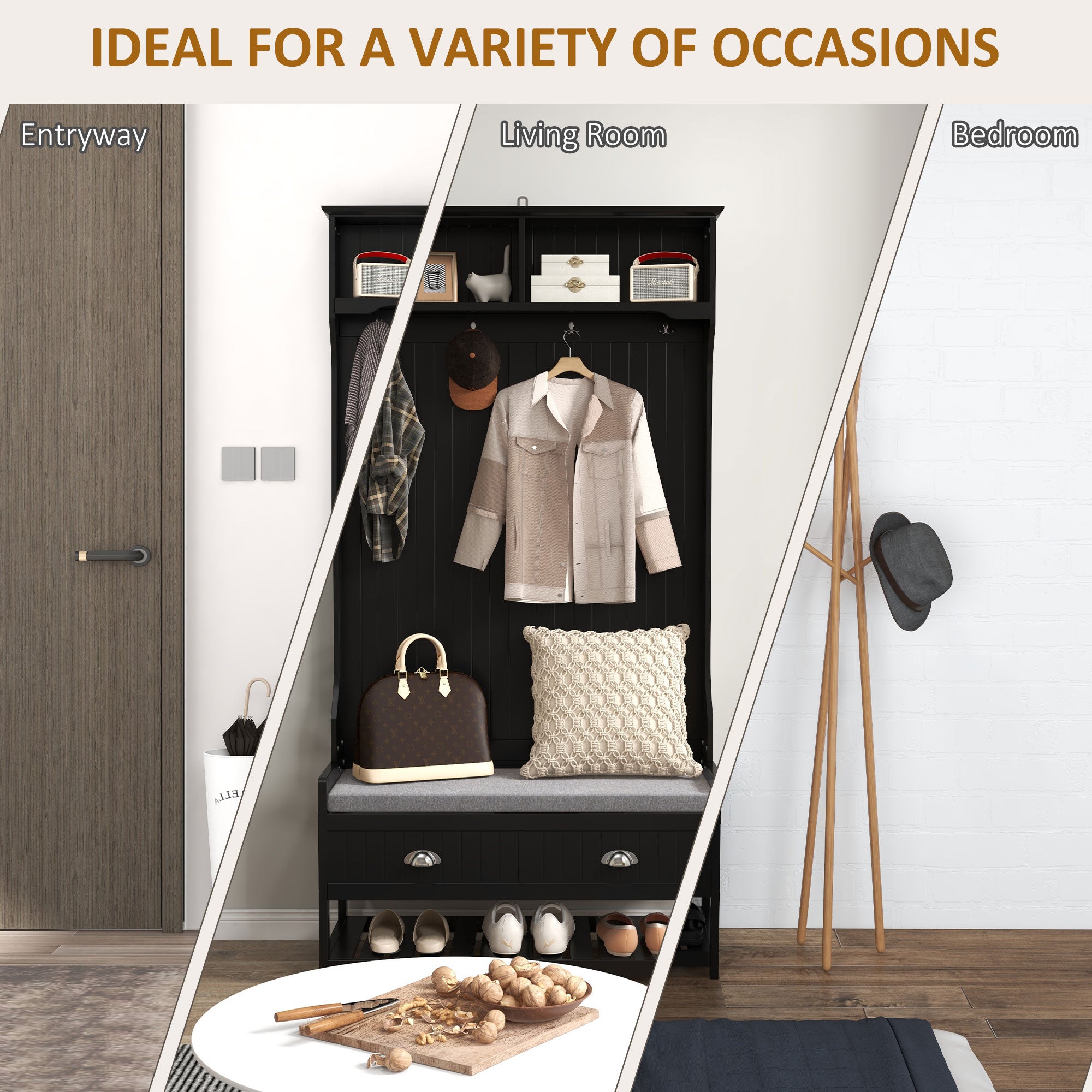 3-in-1 Hall Tree, Entryway Bench w/ Coat Rack, 2 Drawers, 4 Hooks & Padded Seat, Black