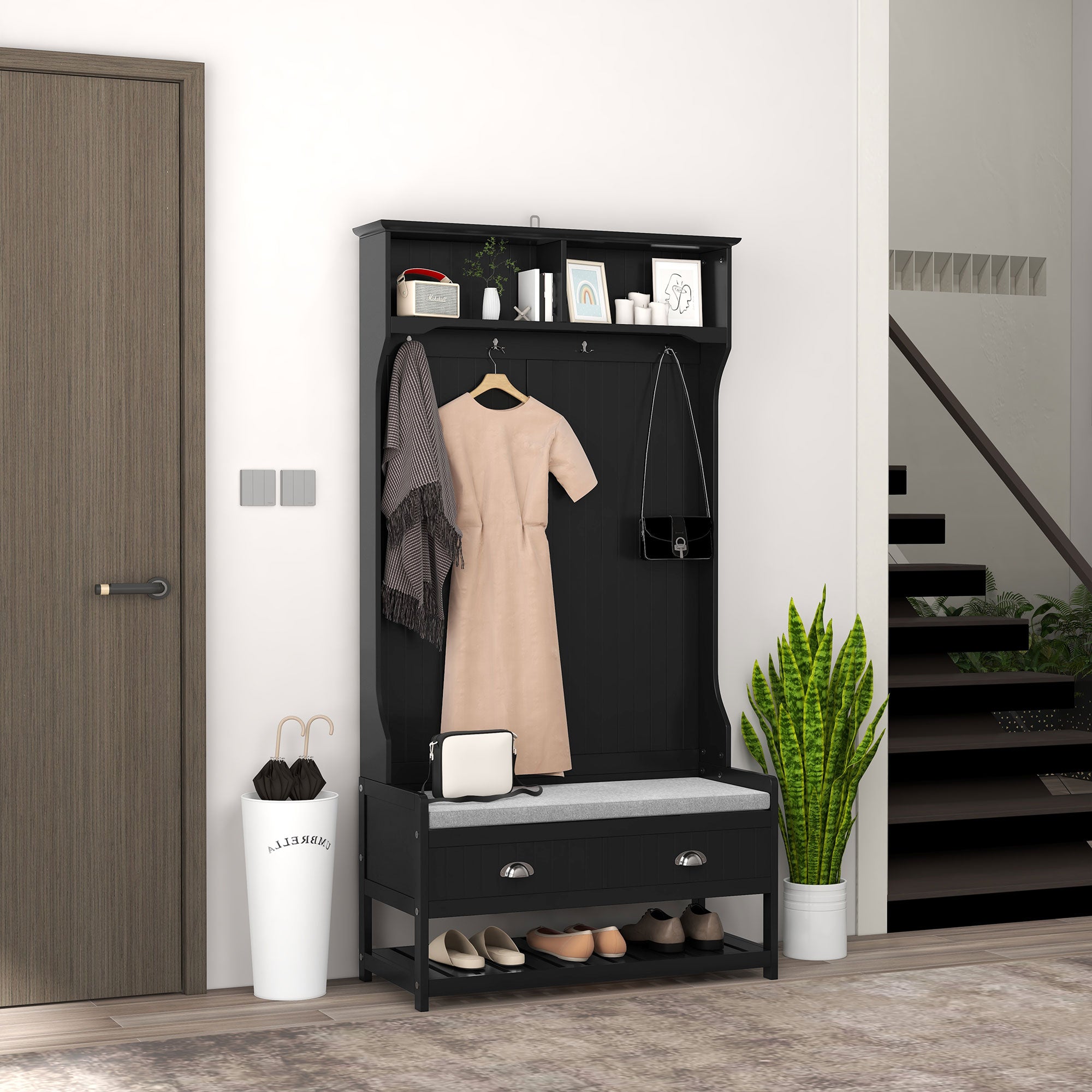 3-in-1 Hall Tree, Entryway Bench w/ Coat Rack, 2 Drawers, 4 Hooks & Padded Seat, Black