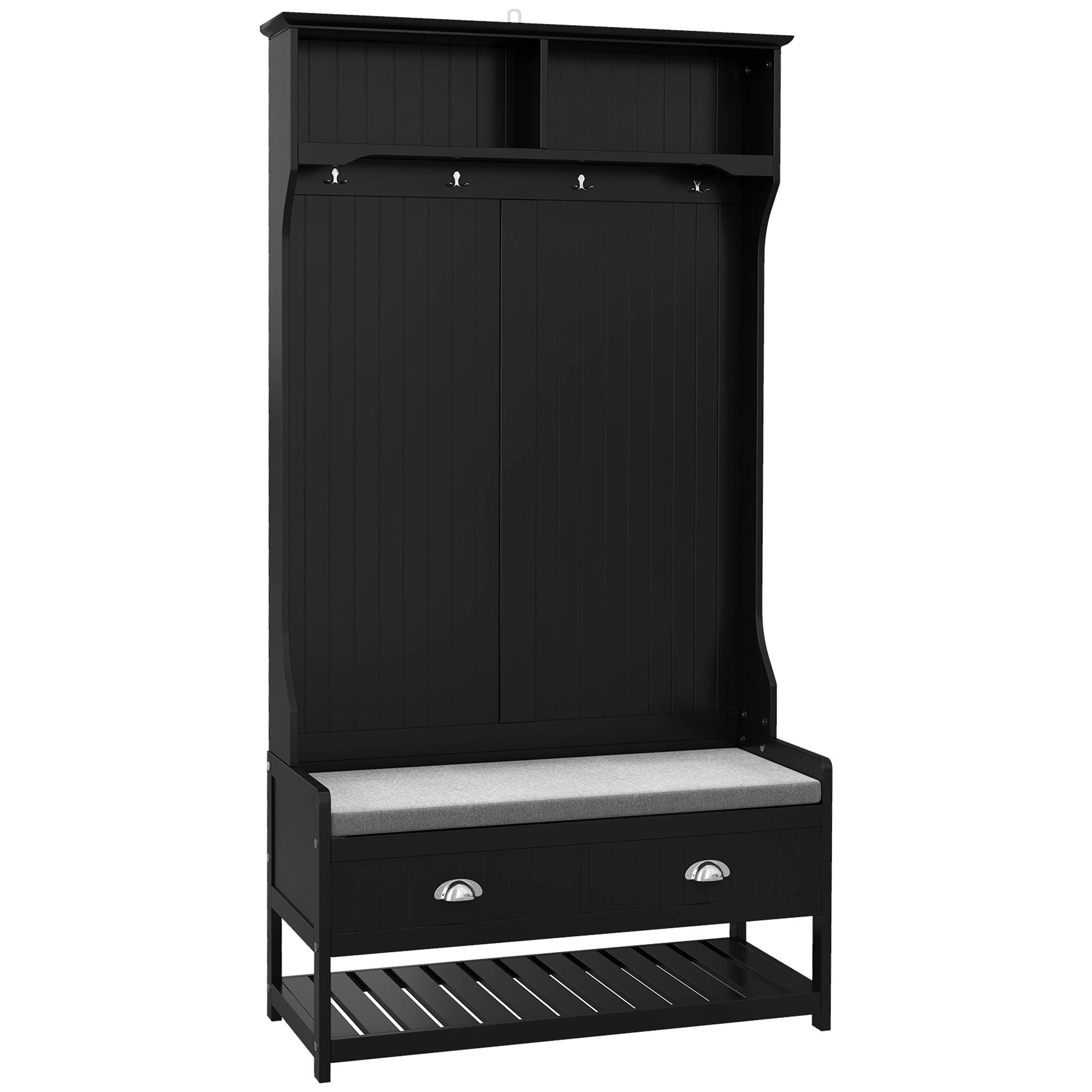 3-in-1 Hall Tree, Entryway Bench w/ Coat Rack, 2 Drawers, 4 Hooks & Padded Seat, Black