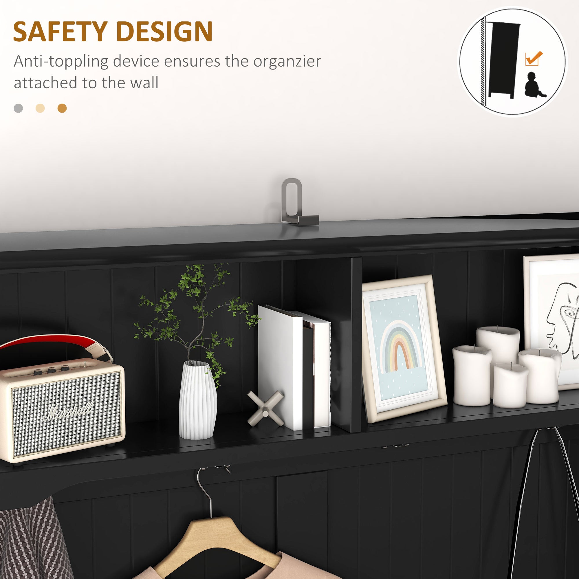 3-in-1 Hall Tree, Entryway Bench w/ Coat Rack, 2 Drawers, 4 Hooks & Padded Seat, Black