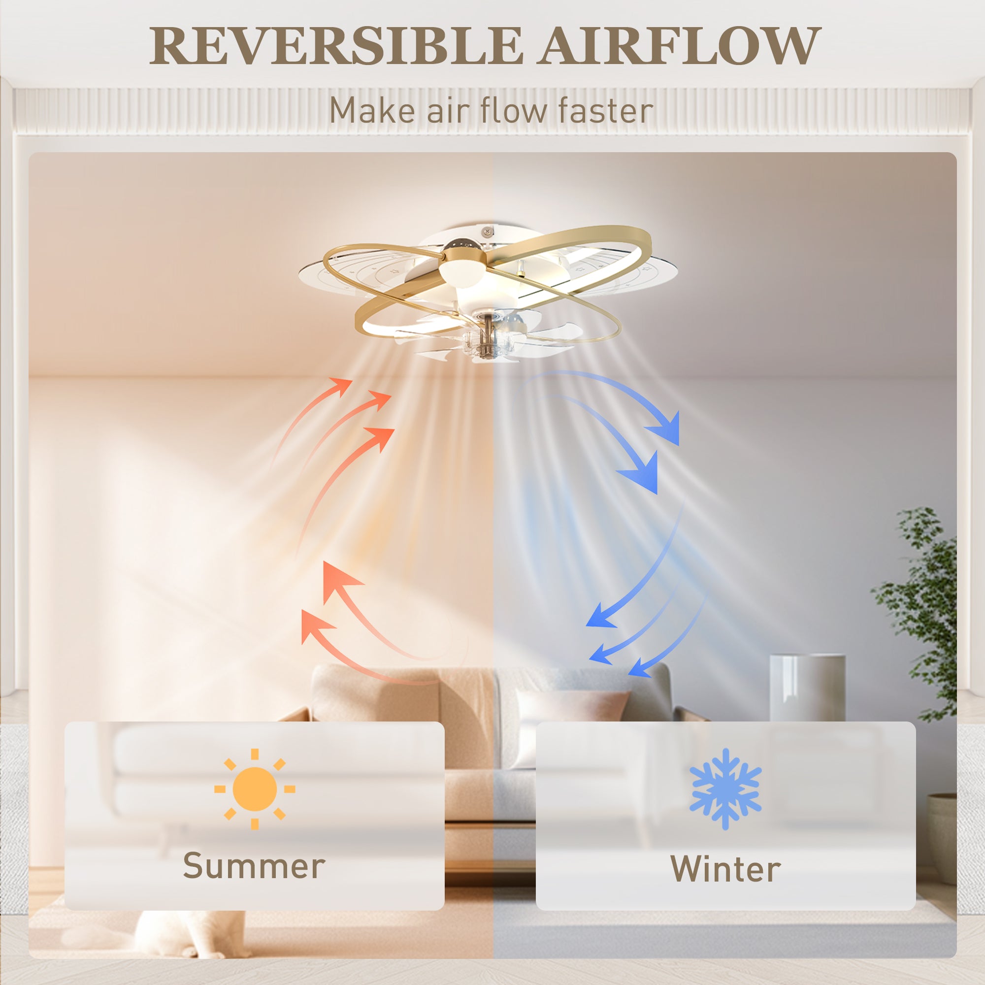 Ceiling Fans with Lights and Remote & App Control, 62 cm Modern LED Ceiling Fan Light with 3 Colour Temperatures, 6 Speed, Timer, Dimmable, Quiet Reversible DC Motor, for Bedroom, Gold Tone