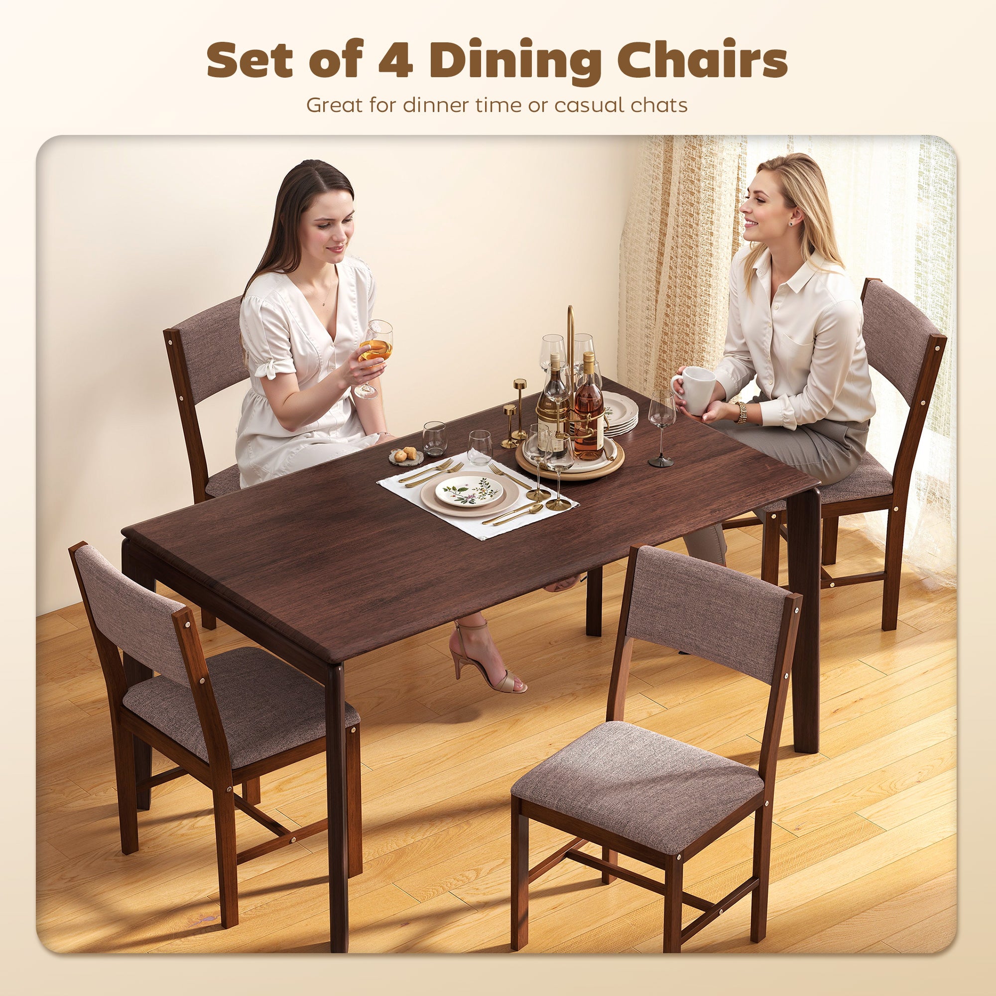 Modern Dining Chairs Set of 4, Linen Fabric Upholstered Kitchen Chairs with Rubberwood Legs for Dining Room, Living Room, Brown and Light Brown