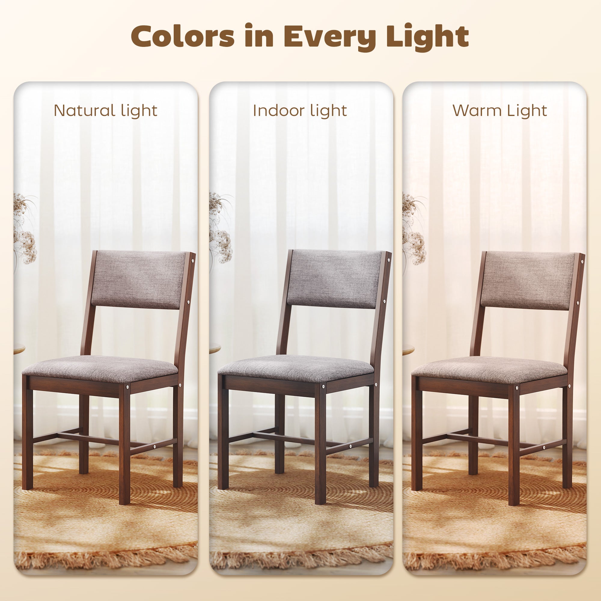 Modern Dining Chairs Set of 4, Linen Fabric Upholstered Kitchen Chairs with Rubberwood Legs for Dining Room, Living Room, Brown and Light Brown