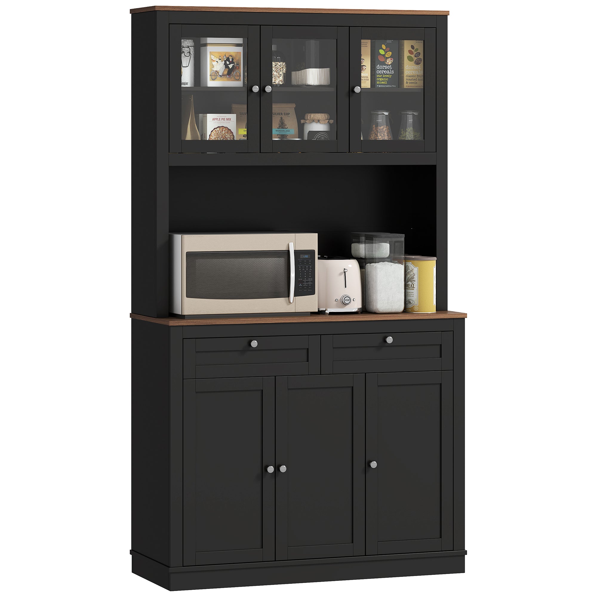 HOMCOM 71" Tall Pantry Cabinet with Microwave Stand, Freestanding Kitchen Hutch with 2 Drawers, Bar Cabinet with Adjustable Shelves, Glass and Recessed Doors for Kitchen, Dining Room, Black
