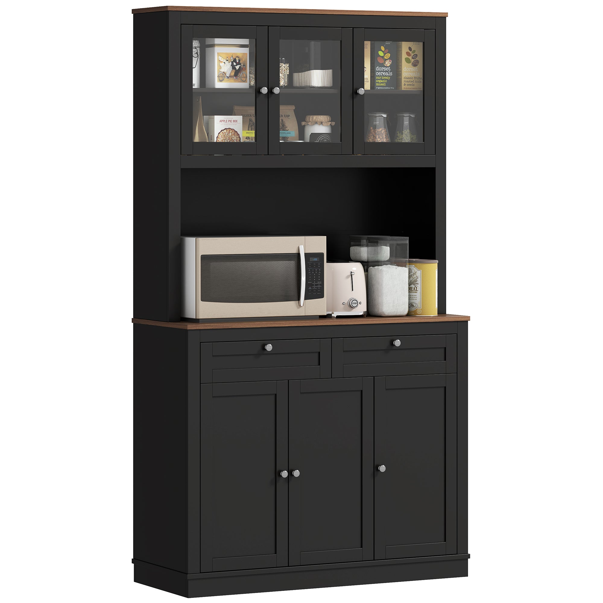 HOMCOM 71" Tall Pantry Cabinet with Microwave Stand, Freestanding Kitchen Hutch with 2 Drawers, Bar Cabinet with Adjustable Shelves, Glass and Recessed Doors for Kitchen, Dining Room, Black