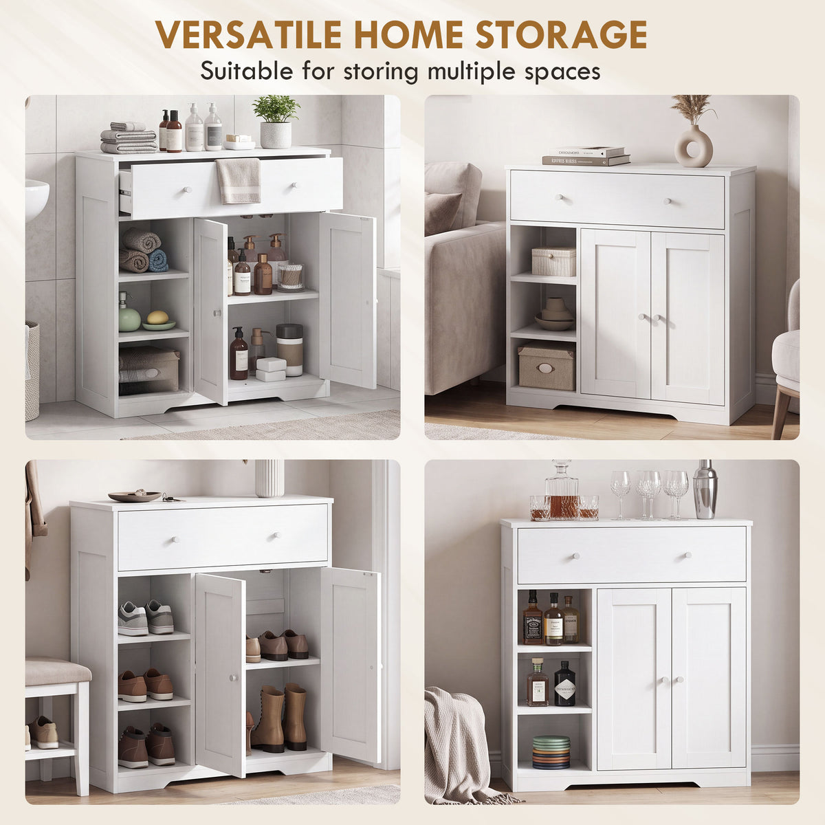 Bathroom Floor Cabinet, Freestanding Bathroom Cabinet with Drawer, Door, Open Shelves, for Bathroom and Living Room, White