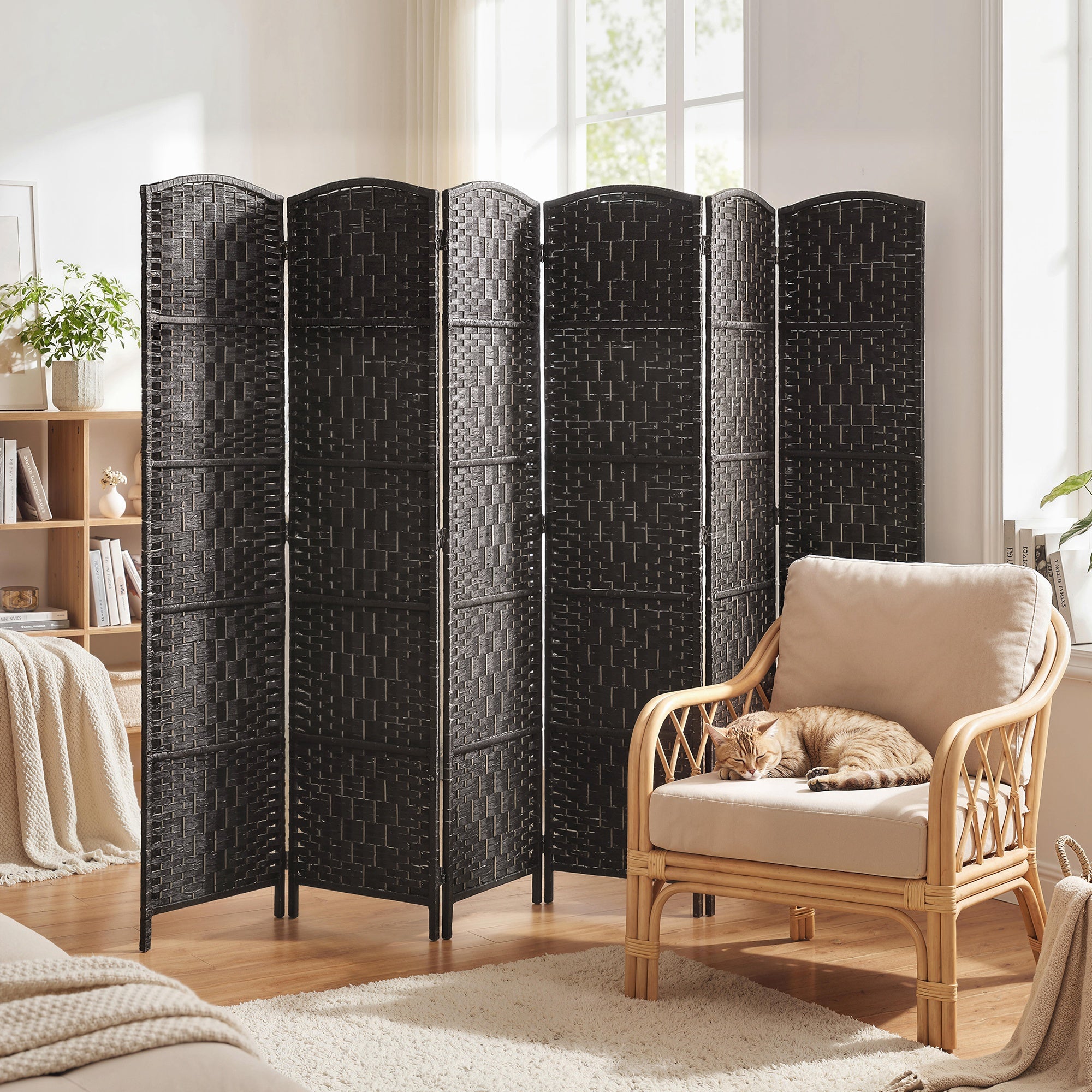 Room Divider, 6 Panel Folding Privacy Screen, 6FT Tall Portable Wicker Weave Partition Wall Divider for Bedroom, Home Office, Coffee