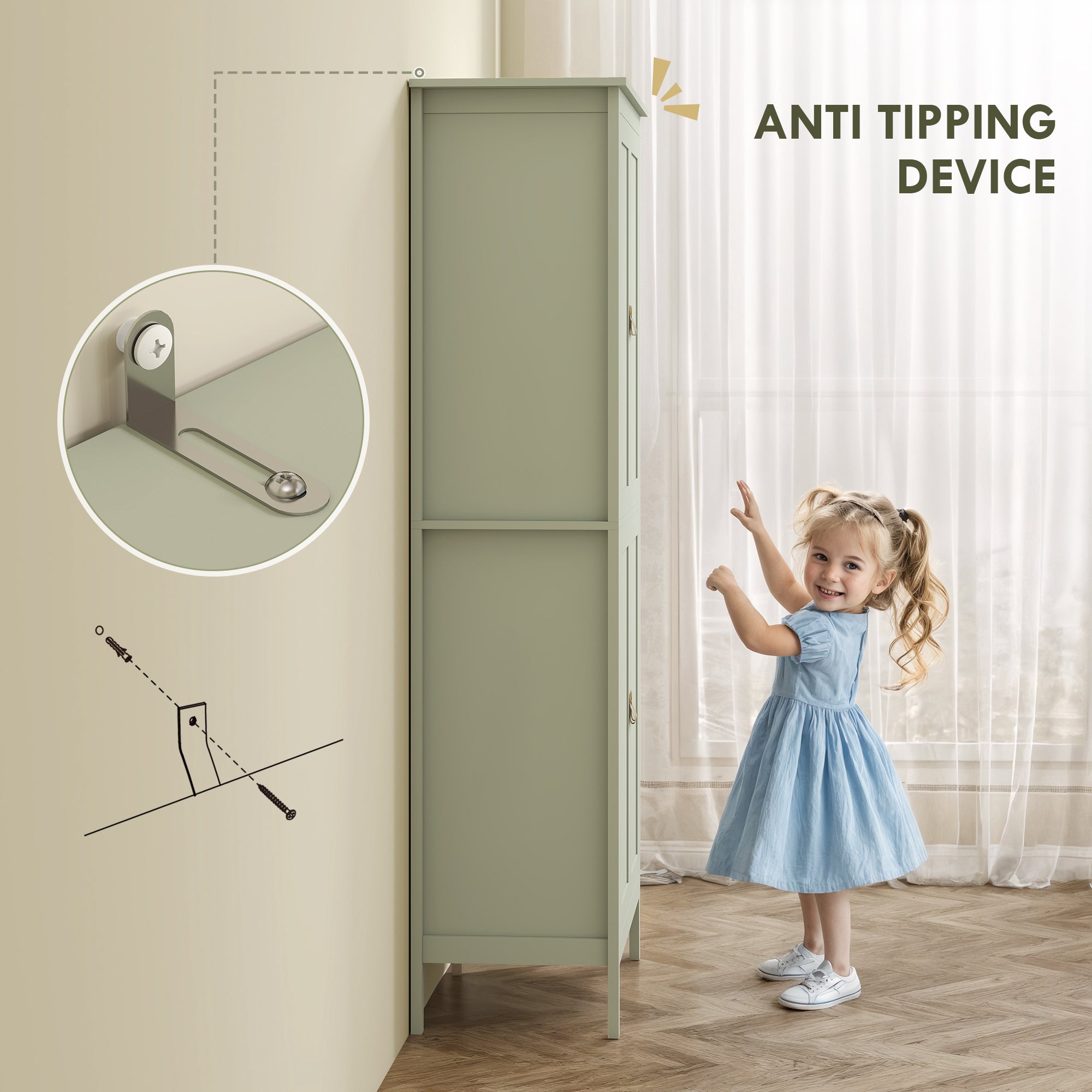Tall Kitchen Cupboard with Motion Sensor LED Light, 3-Colour Dimmable Lighting, 177 cm Freestanding Storage Cabinet with Doors and Adjustable Shelves, Green