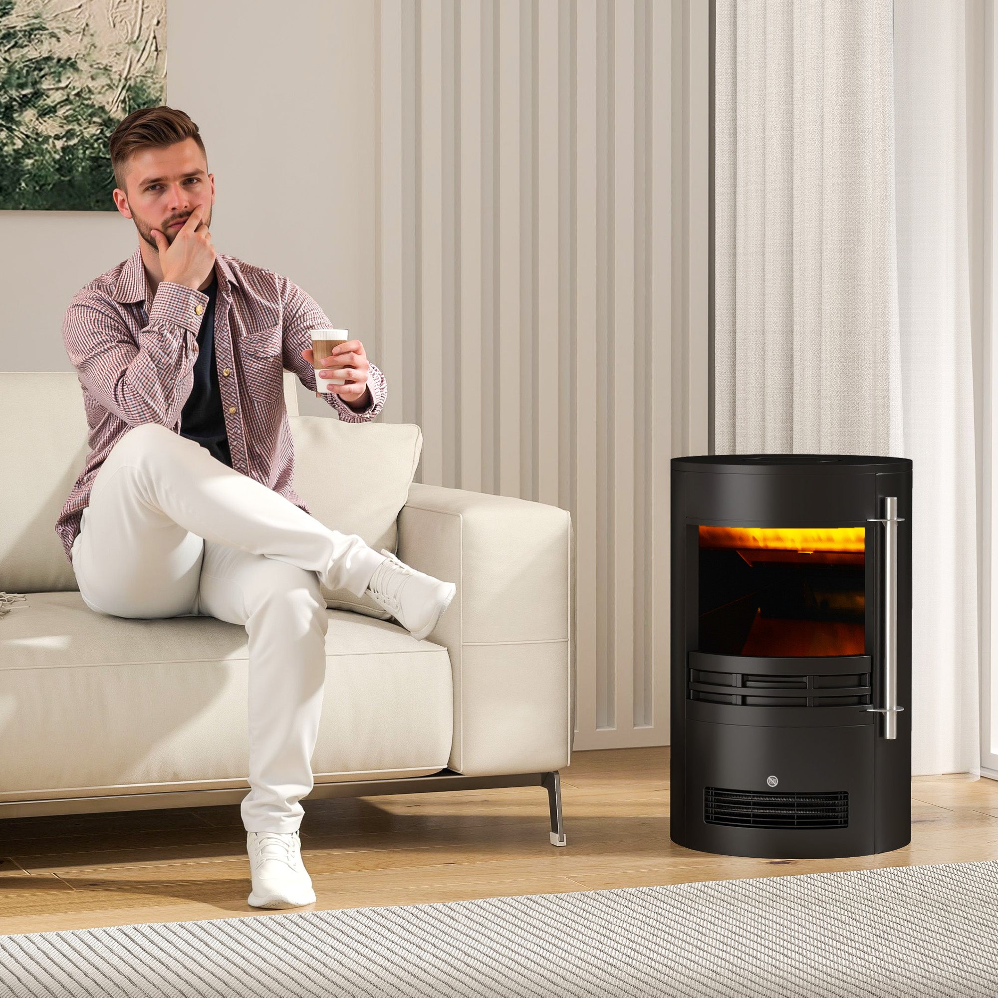 1000W/2000W Freestanding Electric Fireplace, Indoor Heater Fire Stove with Log Burner Effect Flame, Thermostat Control