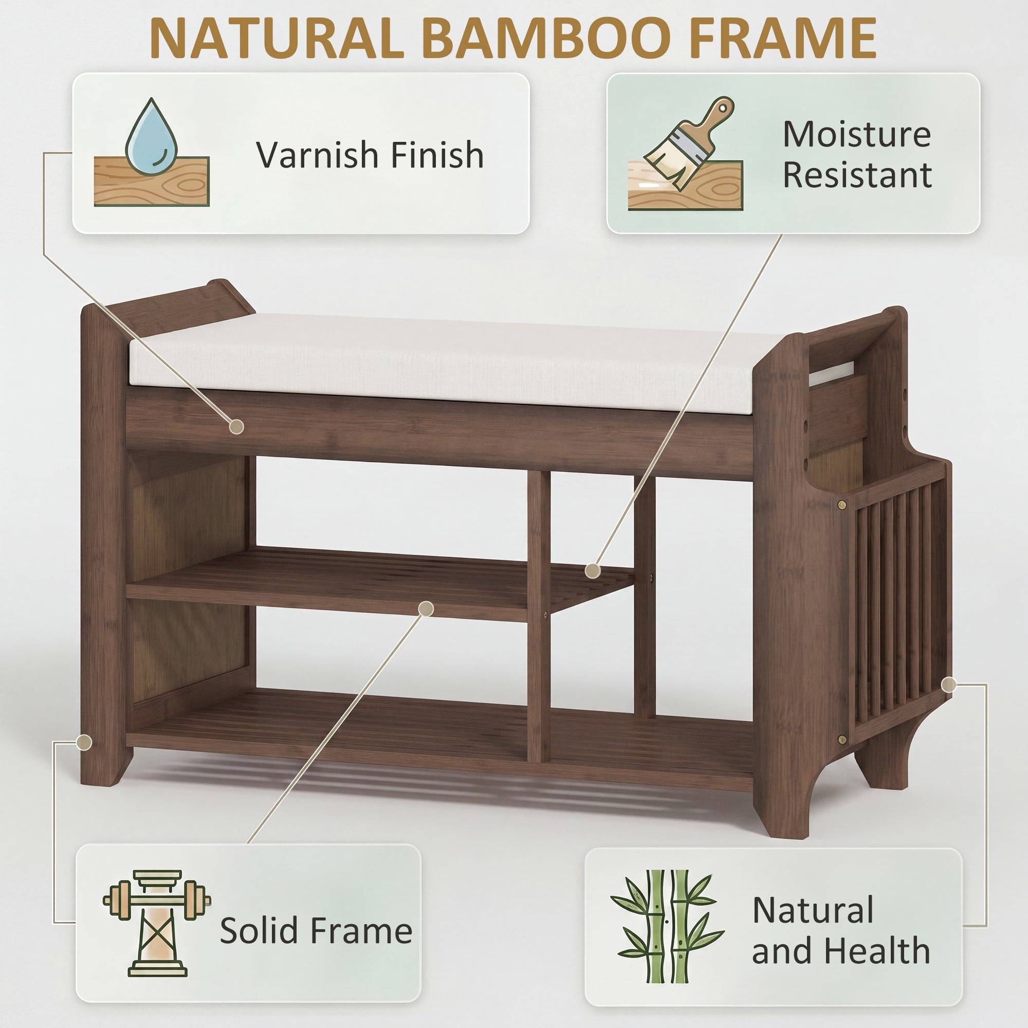 Shoe Bench with Cushioned Seat, Shoe Storage Bench with Side Holder and Boot Section, 2-Tier Natural Bamboo Entryway Rack for Hallway, Living Room, 100 x 30 x 50 cm, Dark Brown and Cream