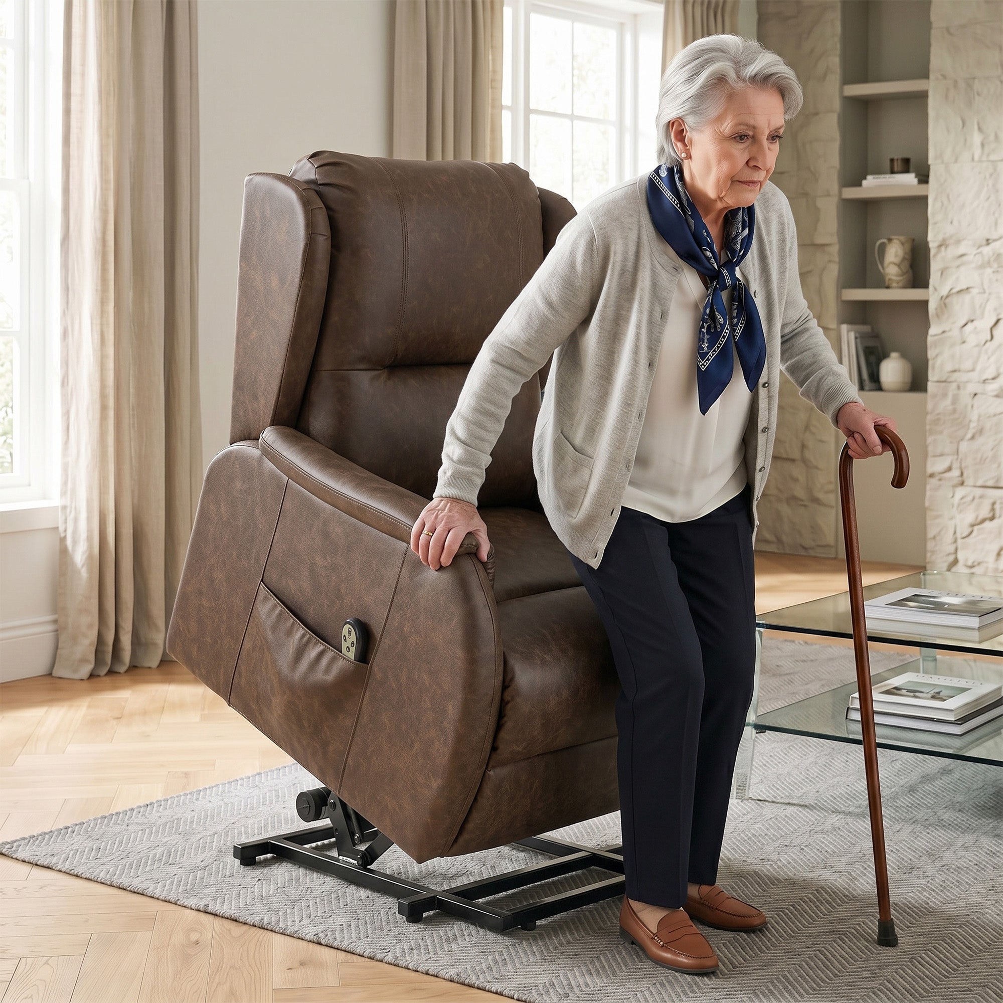 Dual Motor Power Lift Recliner Chair, Electric Lift Chair for Elderly, Faux Leather Riser and Reclining Armchair with Remote Control, Side Pockets, for Living Room, Brown