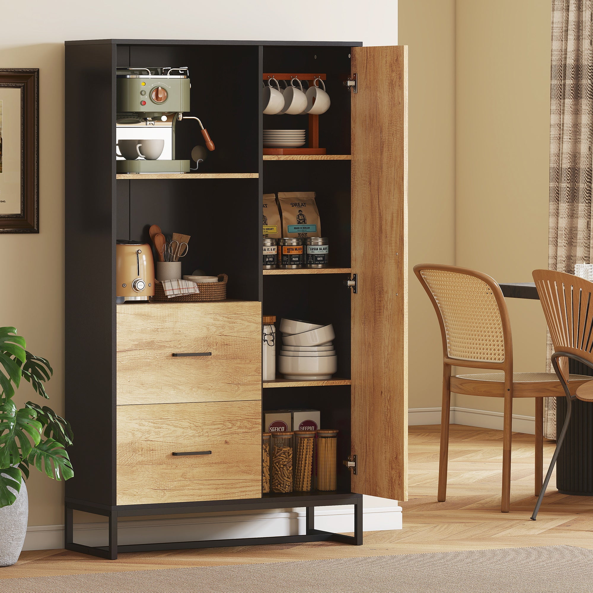 160cm Tall Kitchen Cupboard, Kitchen Pantry Sideboard with 2 Open Shelves, 2 Drawers, Adjustable Shelves and Soft Close Door, Storage Cabinet for Living Room, Dinning Room, Natural Wood Finish