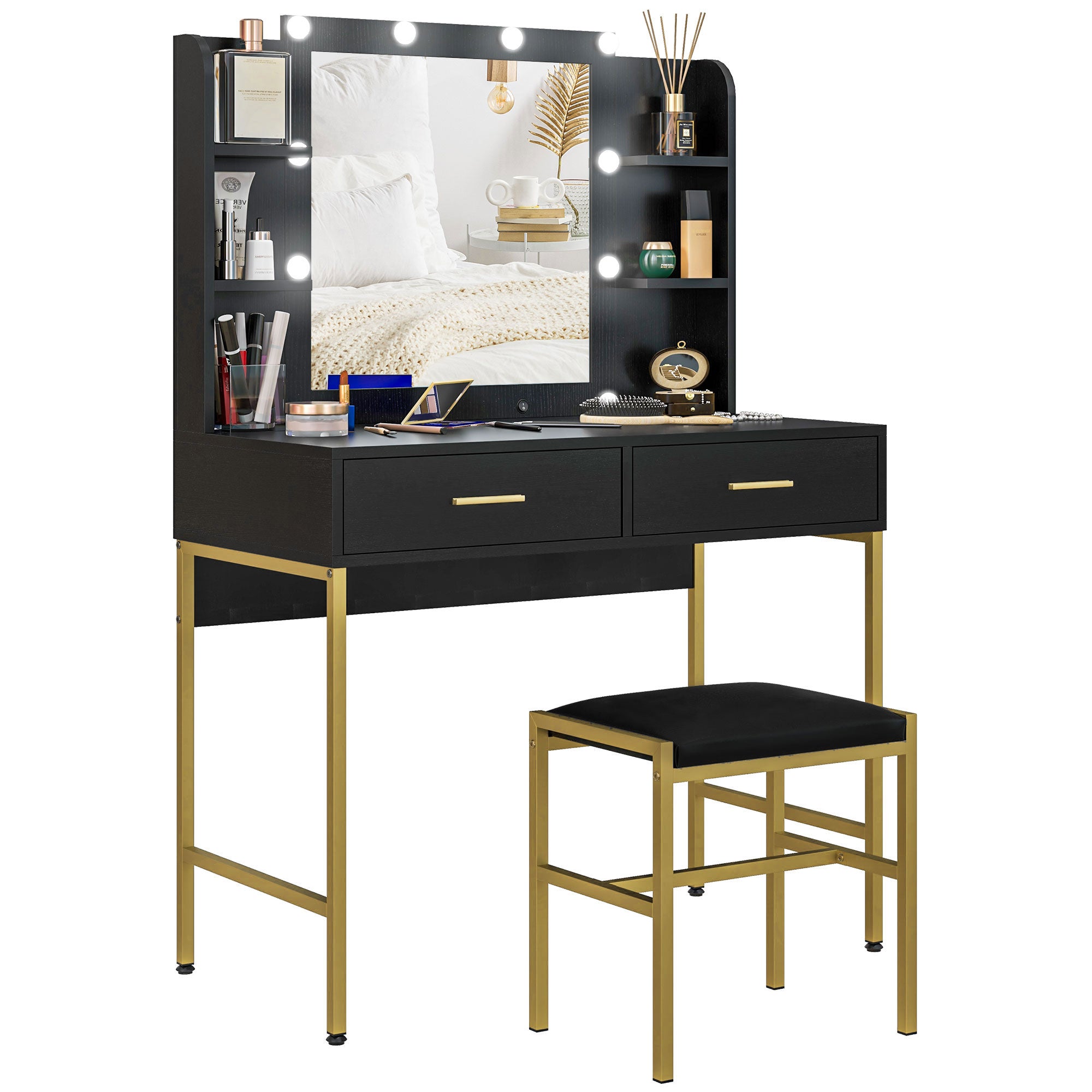 HOMCOM Dressing Table with Lighted Mirror, Cushioned Stool, Drawers, Shelves, LED Makeup Vanity Desk Set, Modern Dresser Vanity Table for Bedroom, Black