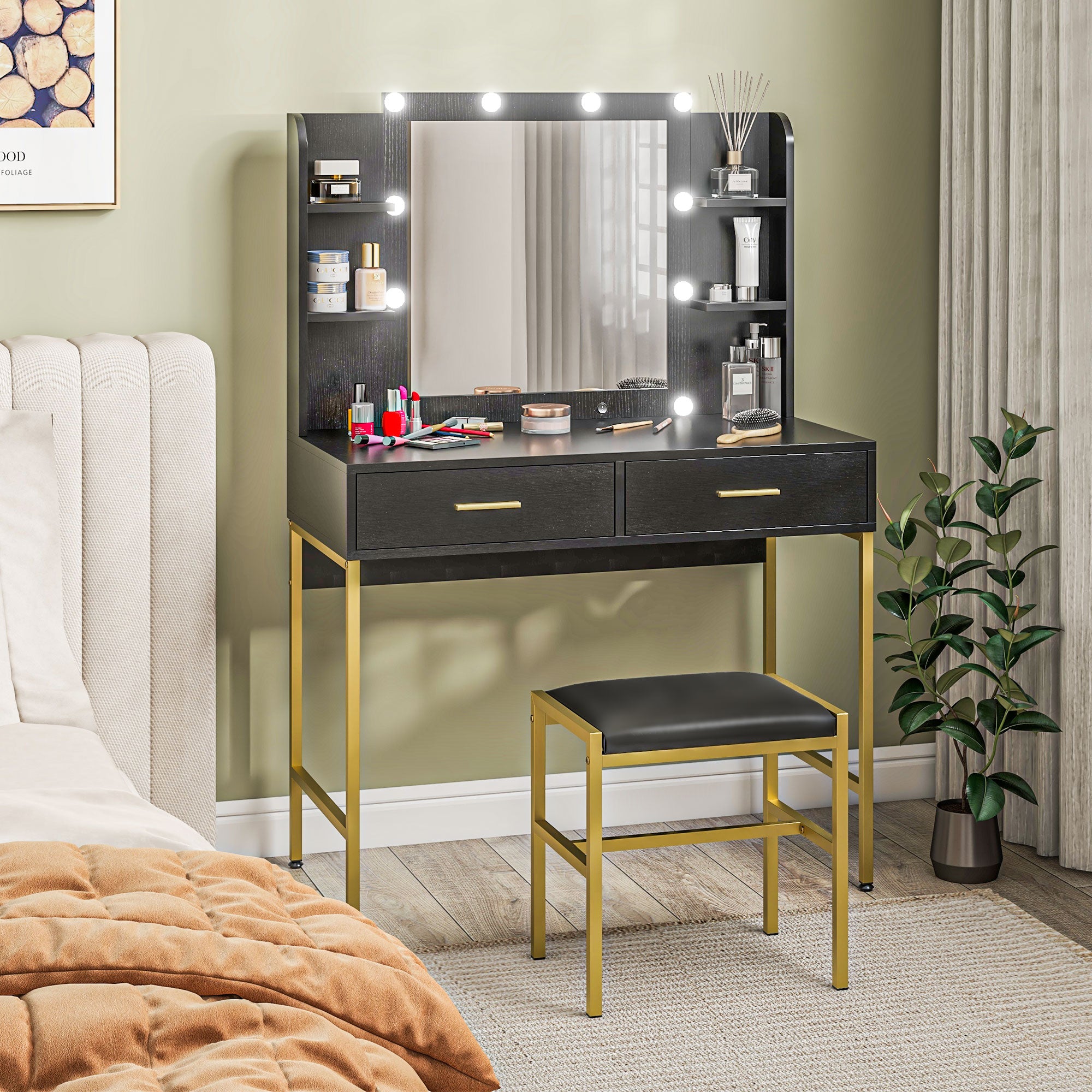 HOMCOM Dressing Table with Lighted Mirror, Cushioned Stool, Drawers, Shelves, LED Makeup Vanity Desk Set, Modern Dresser Vanity Table for Bedroom, Black