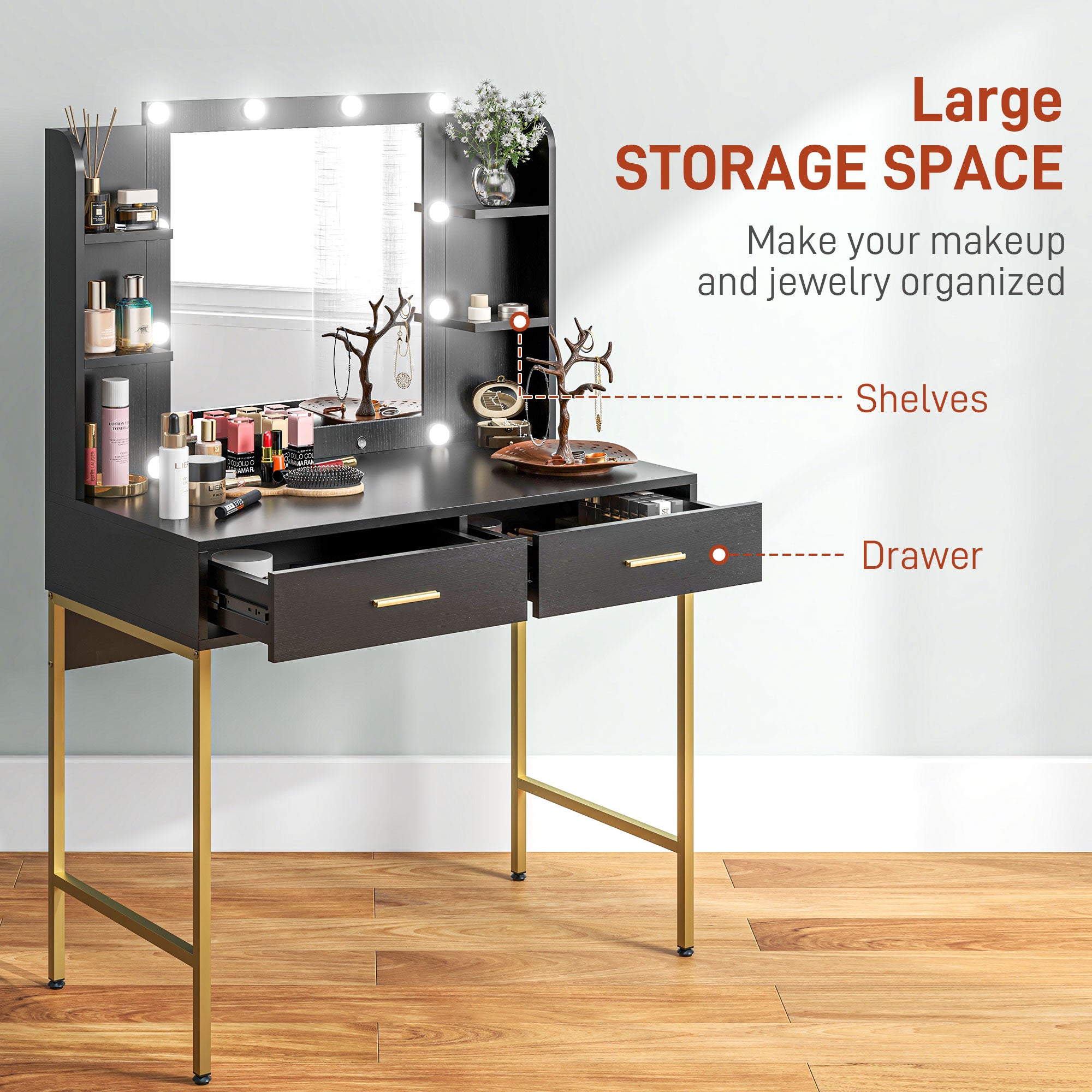 HOMCOM Dressing Table with Lighted Mirror, Cushioned Stool, Drawers, Shelves, LED Makeup Vanity Desk Set, Modern Dresser Vanity Table for Bedroom, Black
