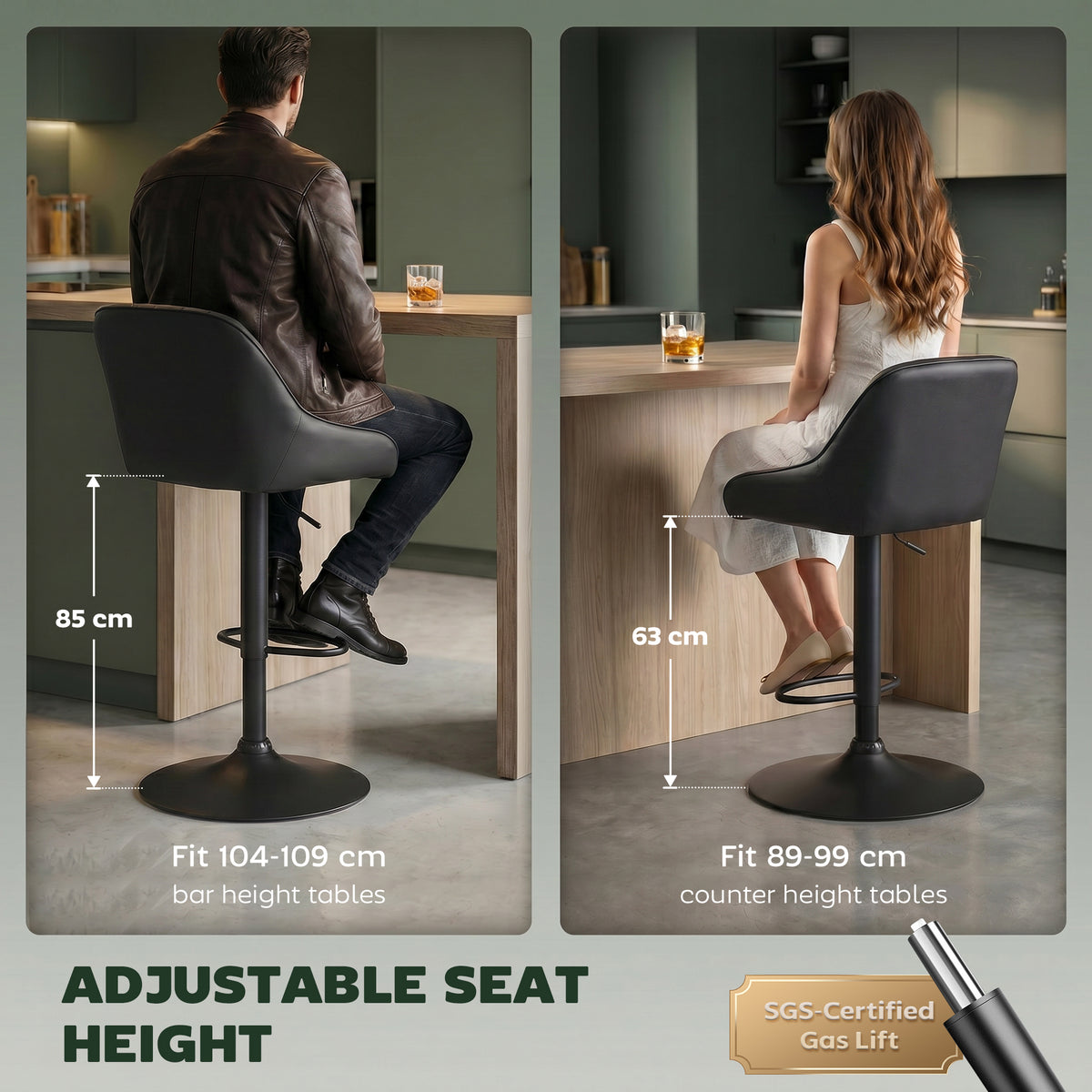 Adjustable Bar Stools Set of 2, Modern Swivel Counter Height Barstools with Back, Footrest, PU Leather Upholstered Bar Chairs for Kitchen Island Counter Dining Room, Black