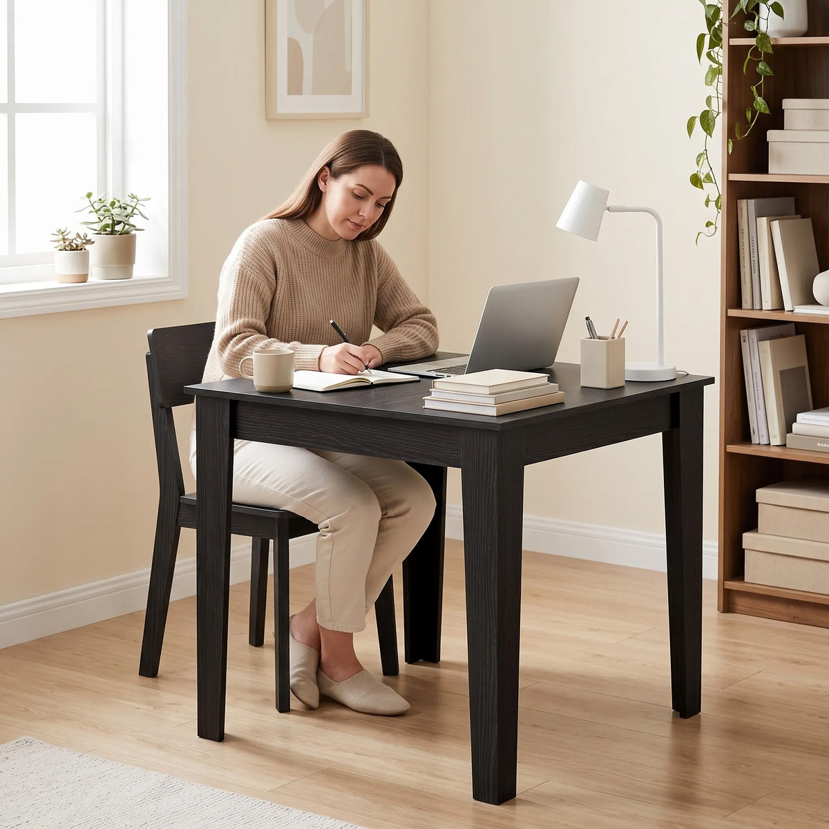 Square Dining Table for 4, 31.5" Modern Kitchen Table with Wood Effect Tabletop, for Dining Room, Kitchen, Living Room, Black Wood Effect