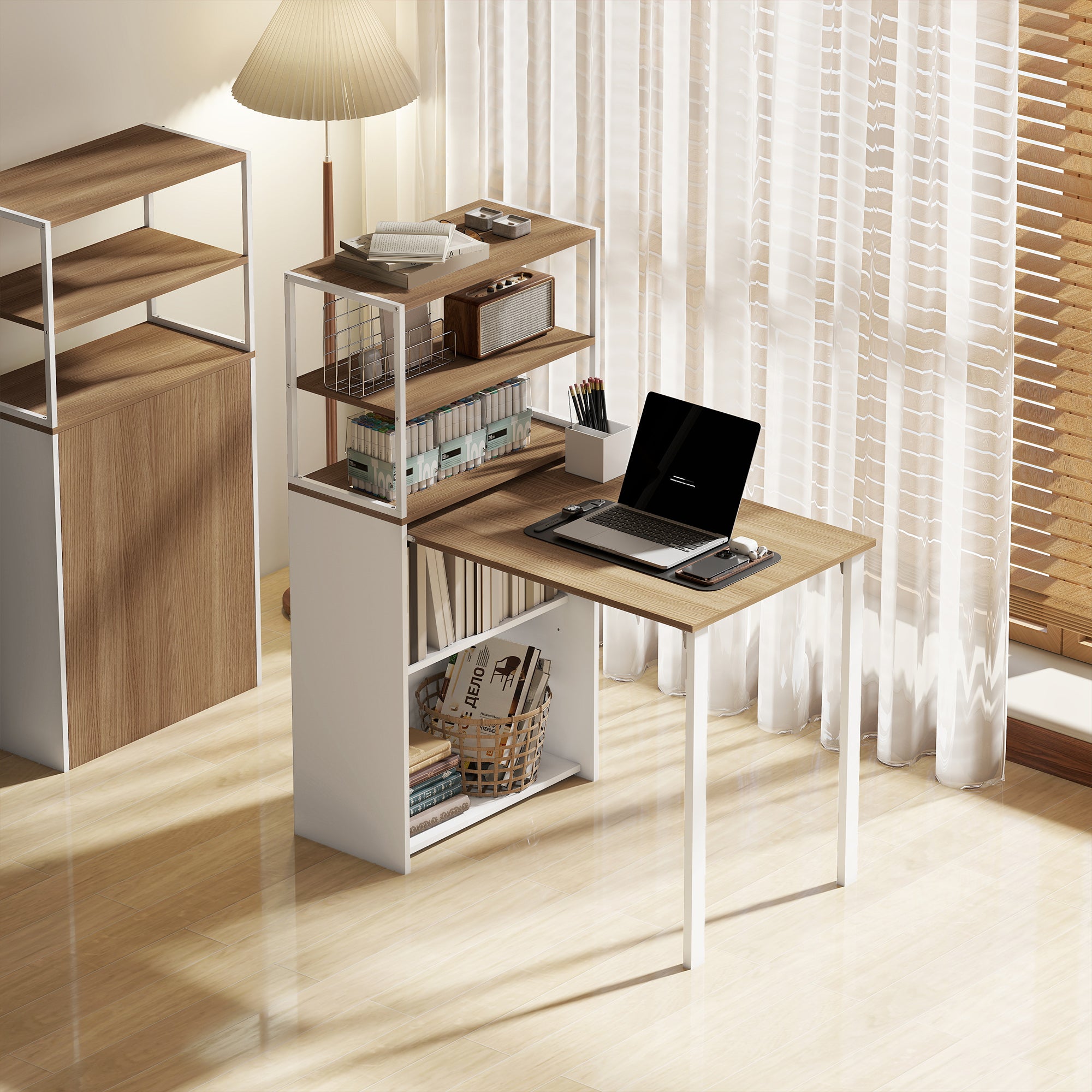 Folding Computer Desk with 4-Tier Bookshelf, Space-Saving Multifunctional Small Office Desk, 2-in-1 Compact Industrial Study Table with Metal Frame for Small Spaces, Home Office, Natural