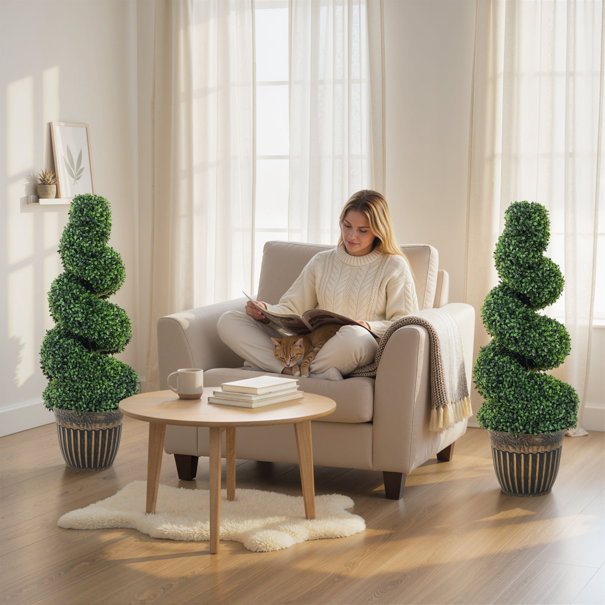 Set of 2 Decorative Artificial Plants Topiary Spiral Boxwood Trees in Pot, Fake Plants for Home Indoor Outdoor Decor, 90cm, Light Green