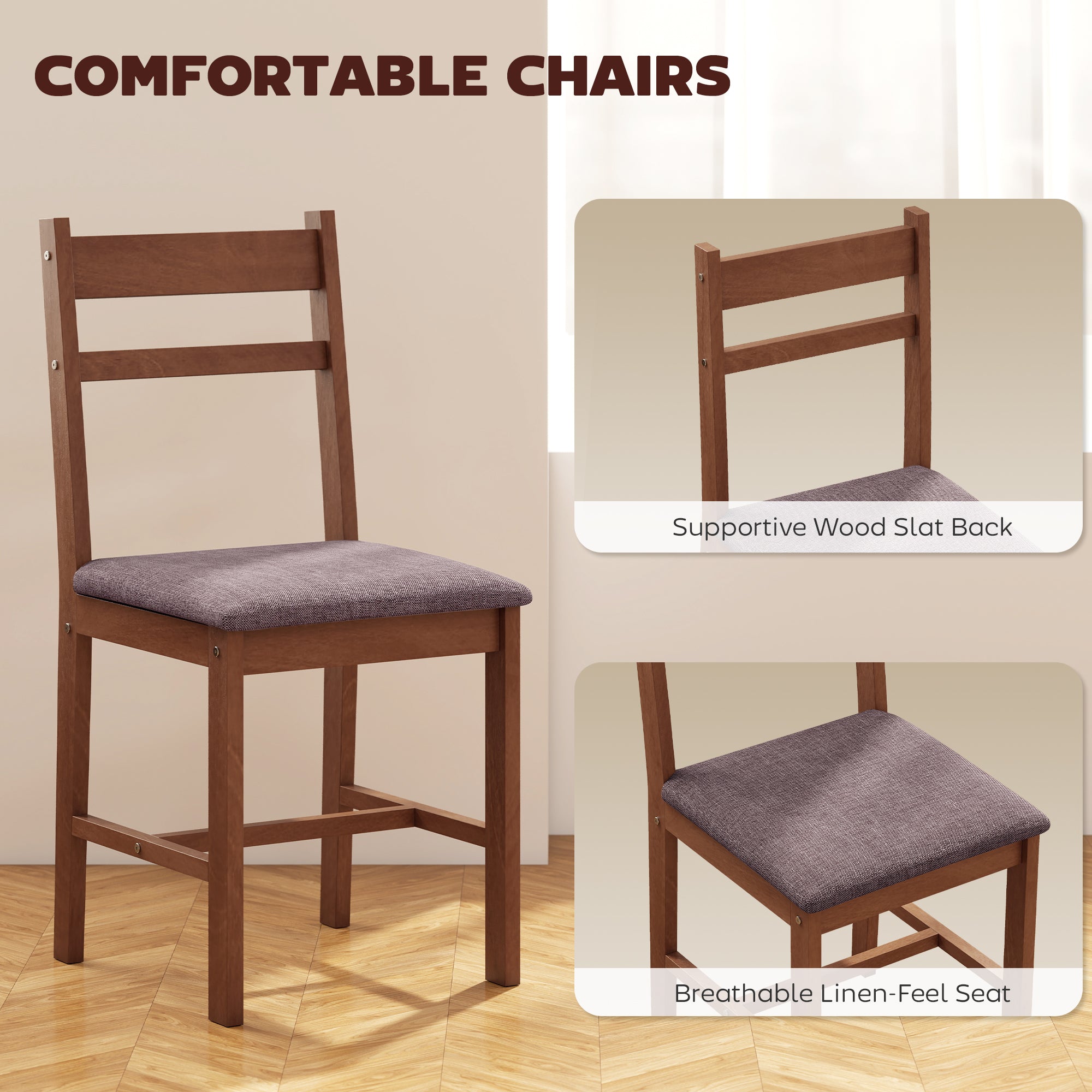 5-Piece Solid Wood Dining Table Set for 4, Farmhouse Kitchen Table with Upholstered Chairs for Small Space, Dining Room, Breakfast Nook, Light Brown and Brown