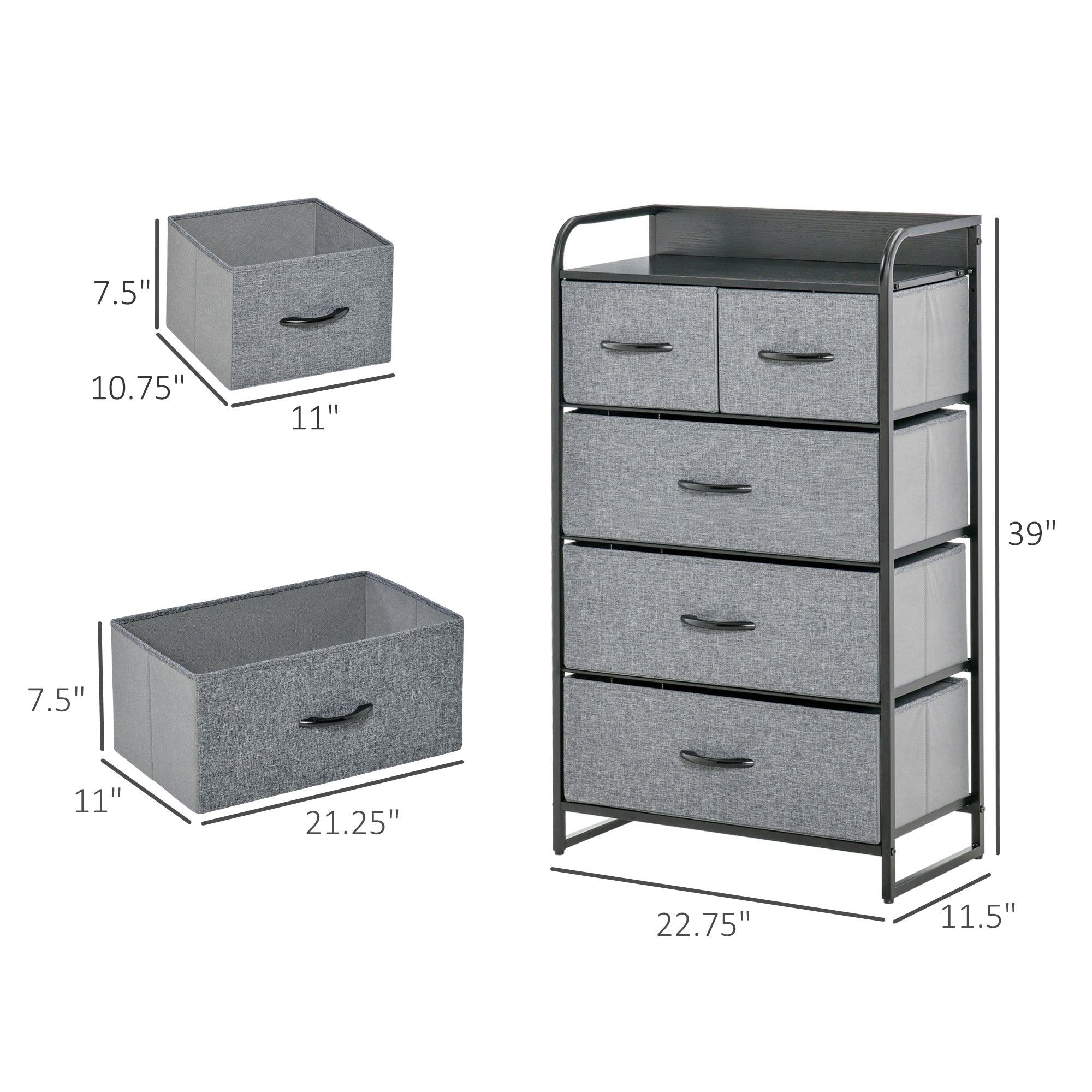 5-Drawer Dresser, Fabric Chest of Drawers, 4-Tier Storage Organizer for Bedroom Entryway, Tower Unit with Steel Frame Wooden Top, Gray