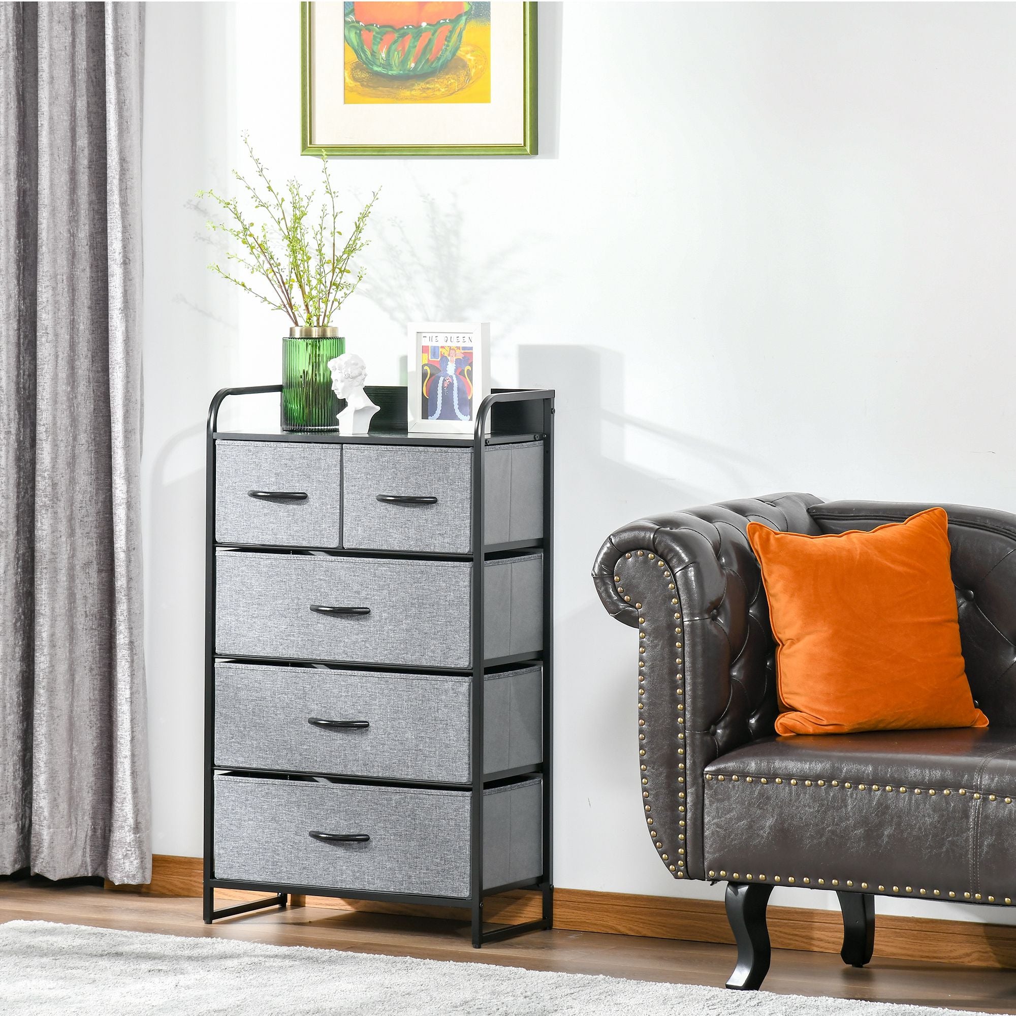 5-Drawer Dresser, Fabric Chest of Drawers, 4-Tier Storage Organizer for Bedroom Entryway, Tower Unit with Steel Frame Wooden Top, Gray