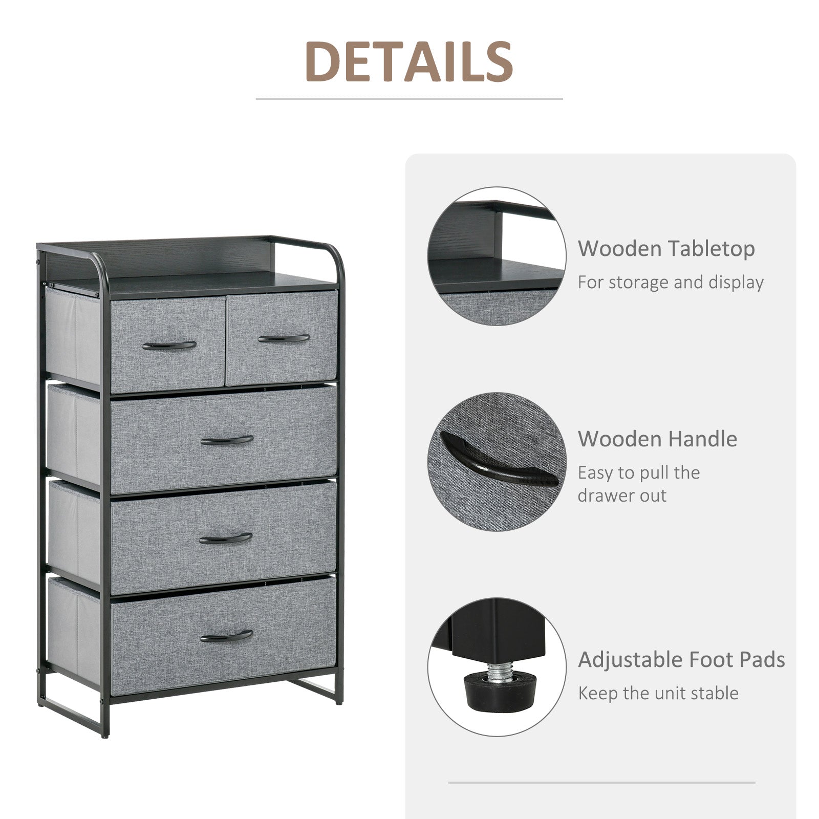 5-Drawer Dresser, Fabric Chest of Drawers, 4-Tier Storage Organizer for Bedroom Entryway, Tower Unit with Steel Frame Wooden Top, Gray
