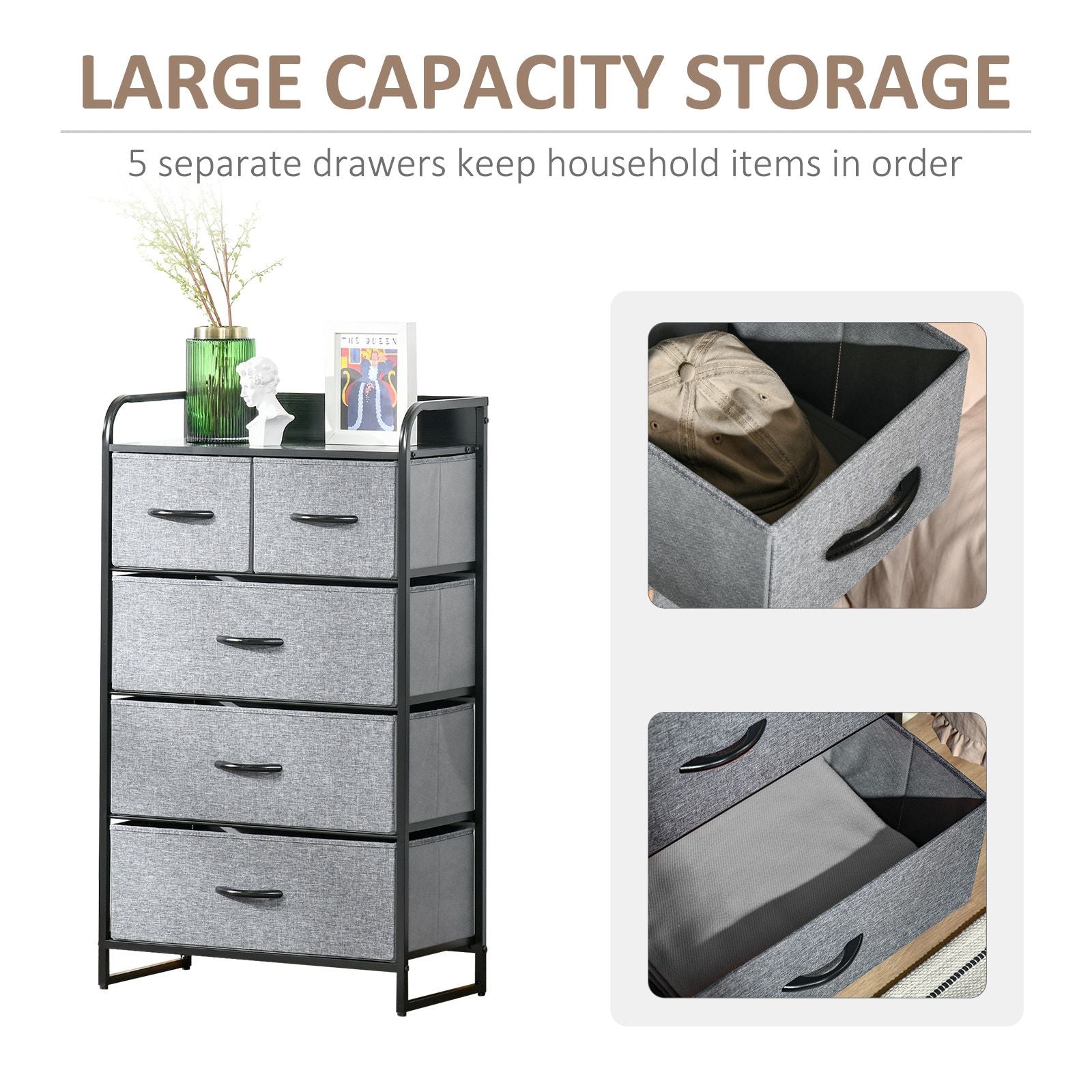 5-Drawer Dresser, Fabric Chest of Drawers, 4-Tier Storage Organizer for Bedroom Entryway, Tower Unit with Steel Frame Wooden Top, Gray