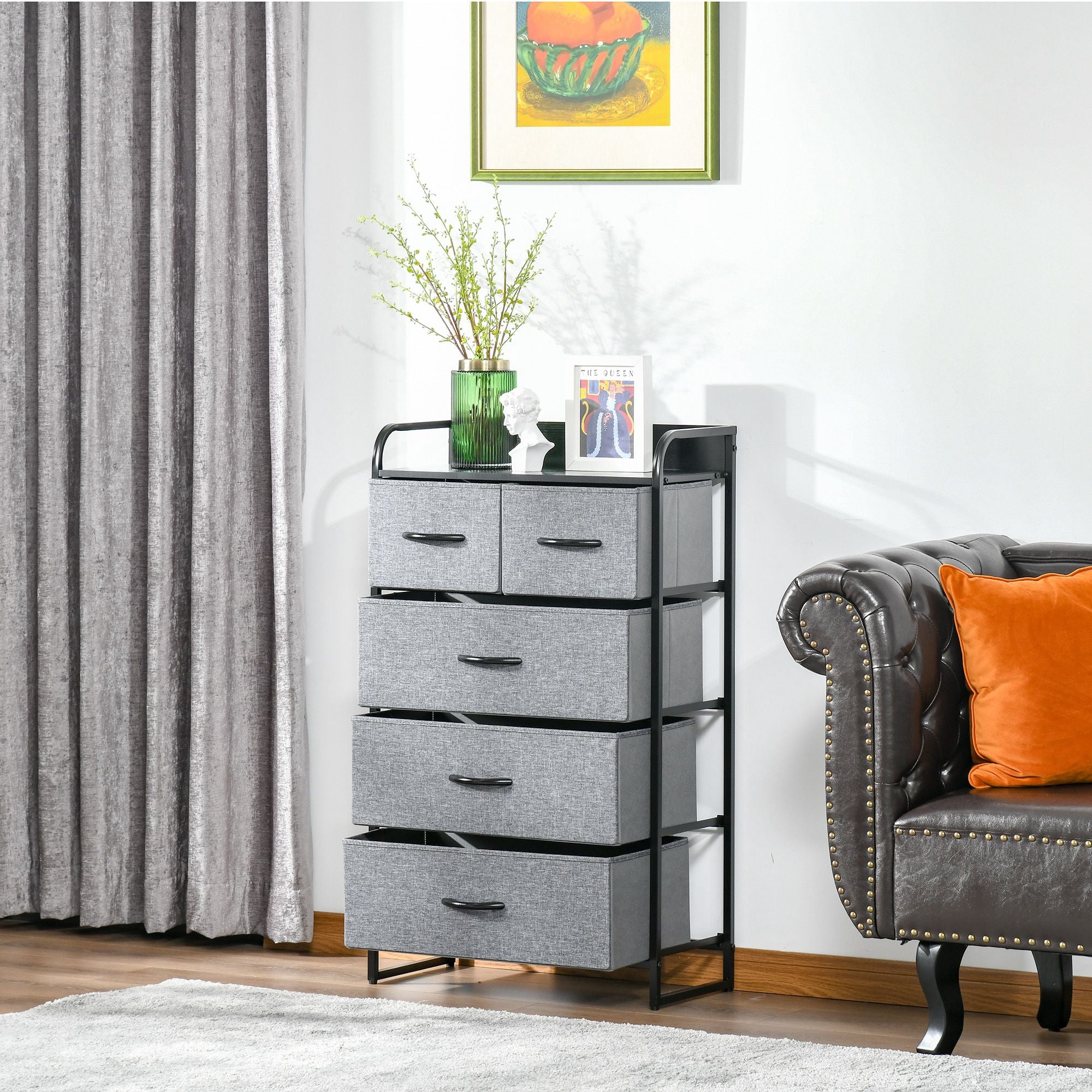 5-Drawer Dresser, Fabric Chest of Drawers, 4-Tier Storage Organizer for Bedroom Entryway, Tower Unit with Steel Frame Wooden Top, Gray