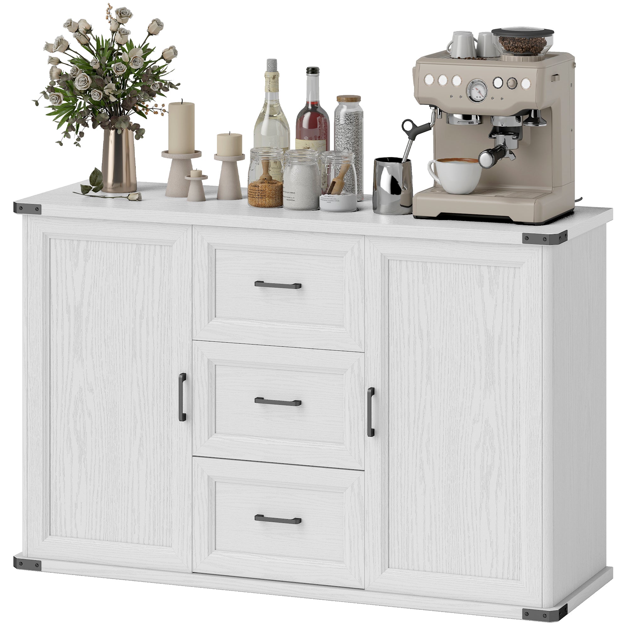 Modern Sideboard Buffet Cabinet with 3 Drawers and 2 Doors, 47" Coffee Bar Cabinet with Adjustable Shelves for Kitchen, White Wood Grain