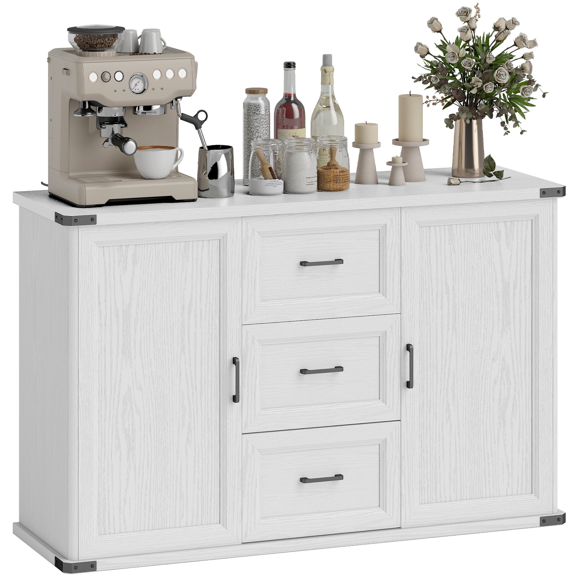 Modern Sideboard Buffet Cabinet with 3 Drawers and 2 Doors, 47" Coffee Bar Cabinet with Adjustable Shelves for Kitchen, White Wood Grain