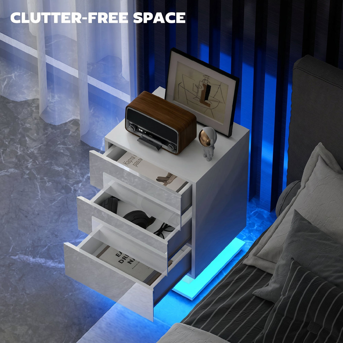 Modern LED Nightstand Bedside Table with Adjustable Colour Lighting & 3 Drawers, Remote Control, 40 x 35 x 60 cm, Side End Table for Bedroom Study, Glossy White