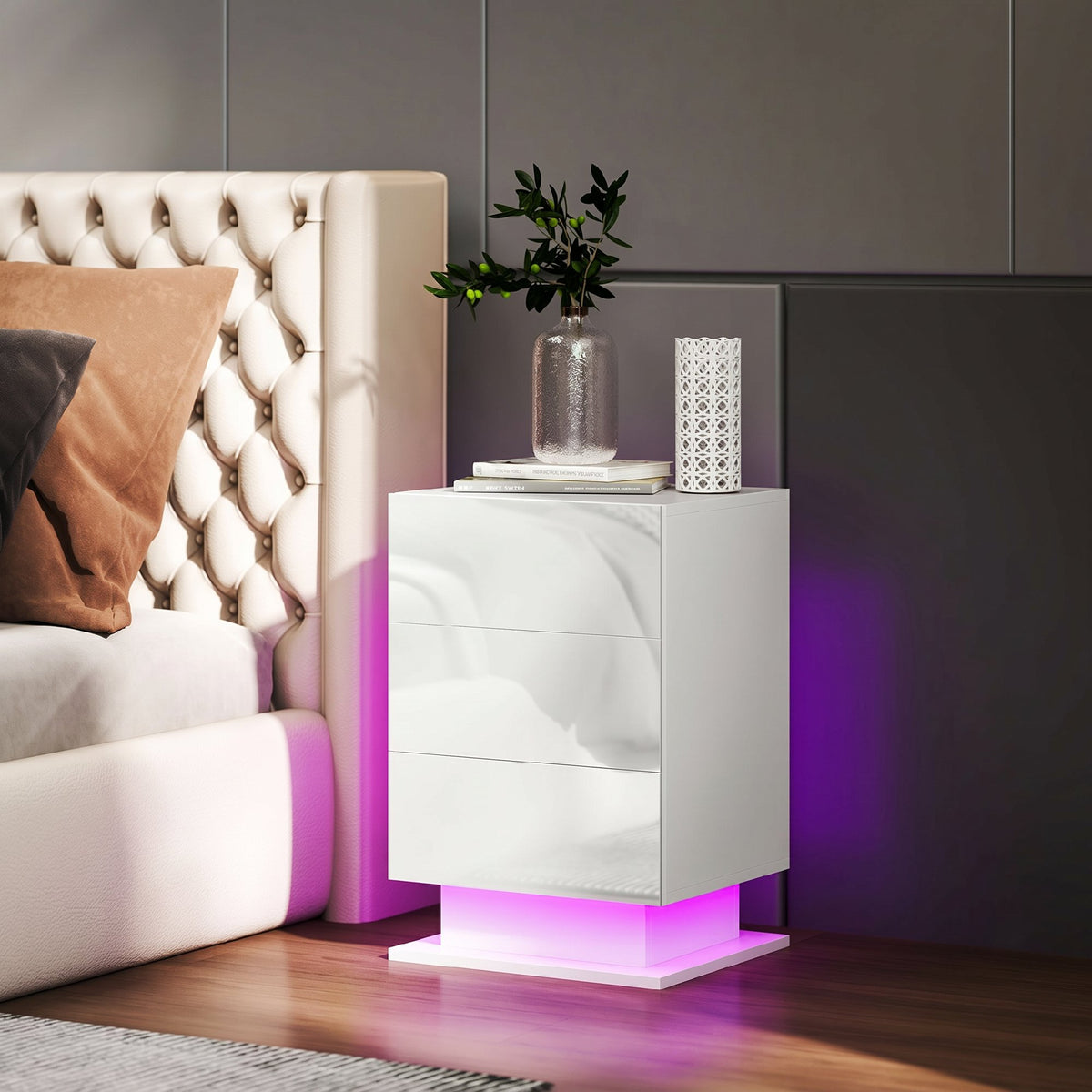 Modern LED Nightstand Bedside Table with Adjustable Colour Lighting & 3 Drawers, Remote Control, 40 x 35 x 60 cm, Side End Table for Bedroom Study, Glossy White