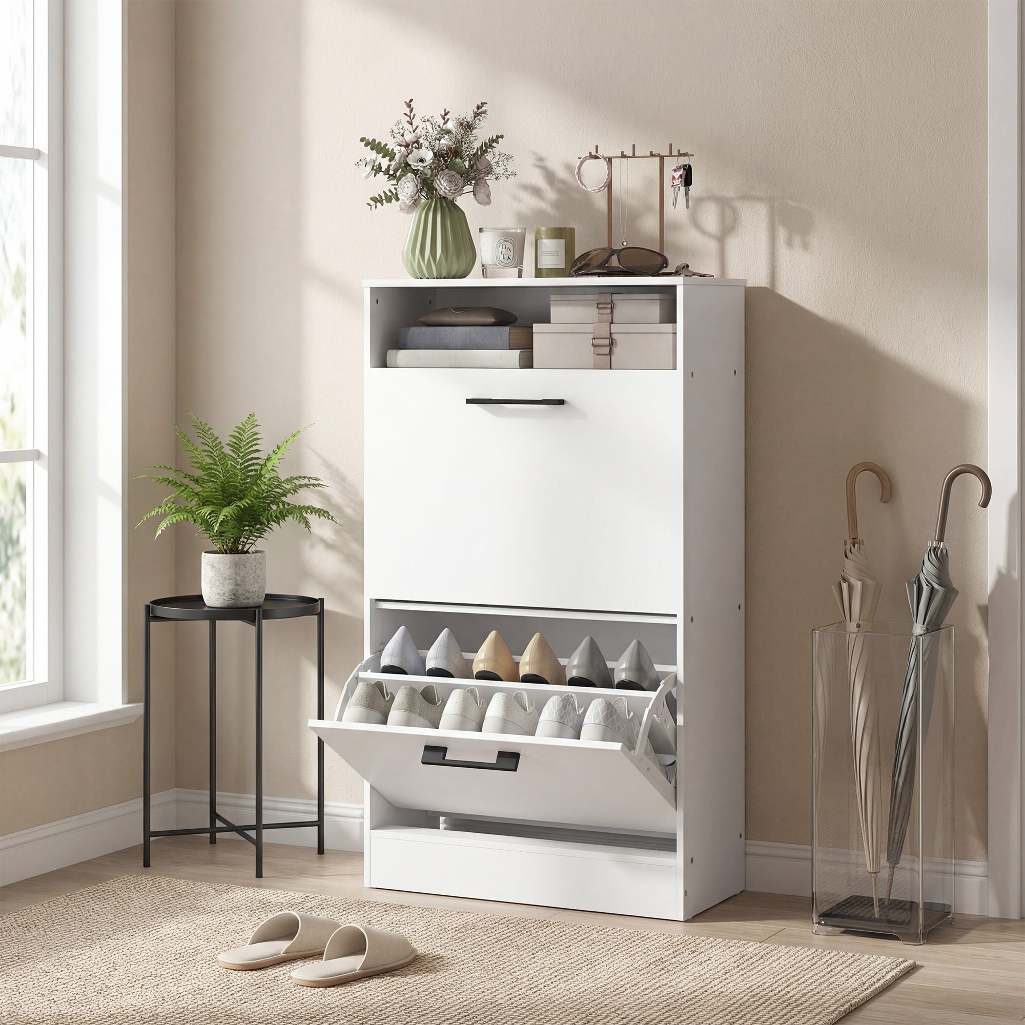 Shoe Cabinet with 2 Flip Drawers and Open Shelf, Narrow Shoe Storage Cabinet with Adjustable Dividers, Entryway Shoe Storage Unit for up to 12 Pairs for Hallway, White