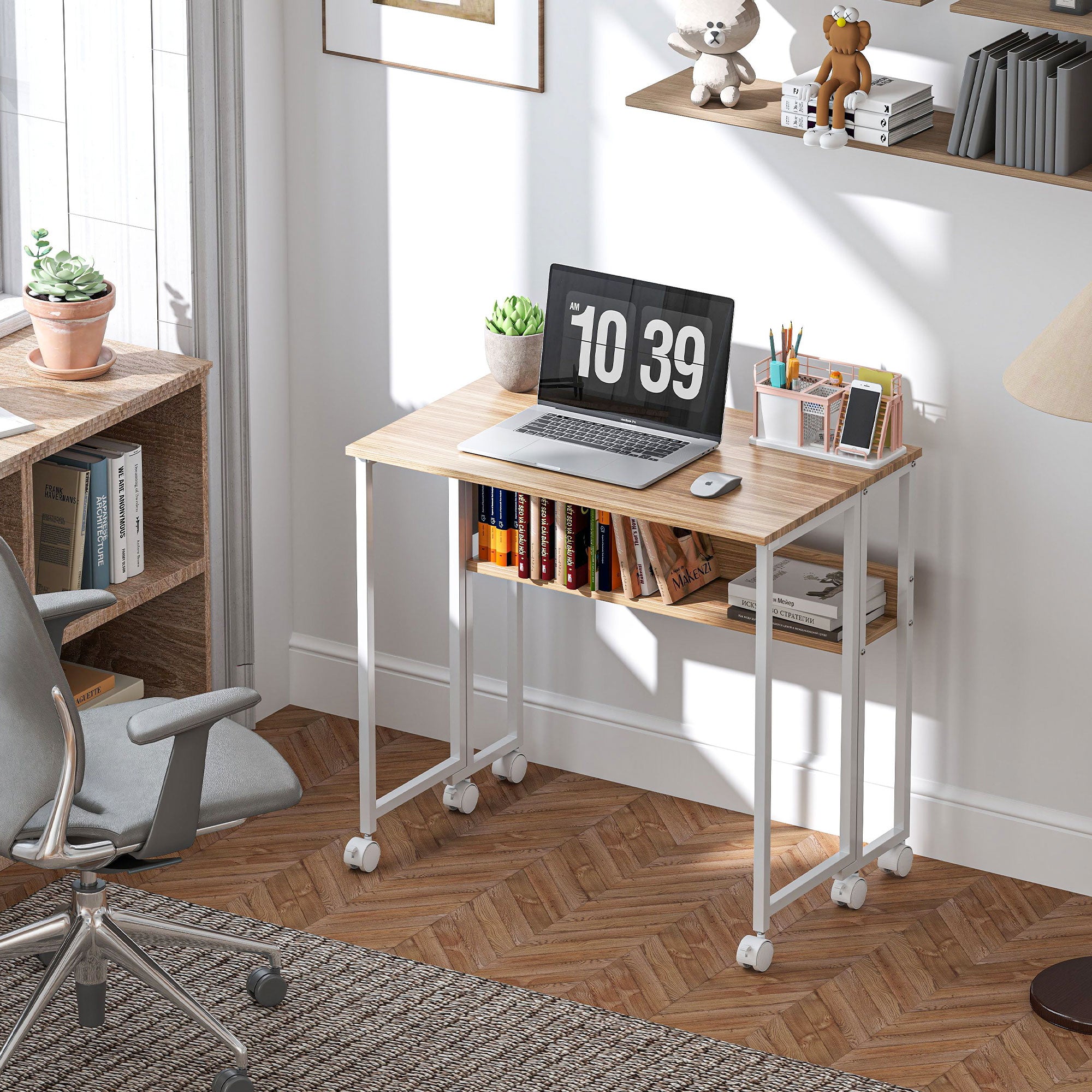 HOMCOM Small Folding Desk, 31.5" Foldable Computer Desk with Storage Bag and Shelf, Space Saving Portable Writing Table on Wheels for Small Spaces, Home Office, Study, Easy Assembly, Natural Wood