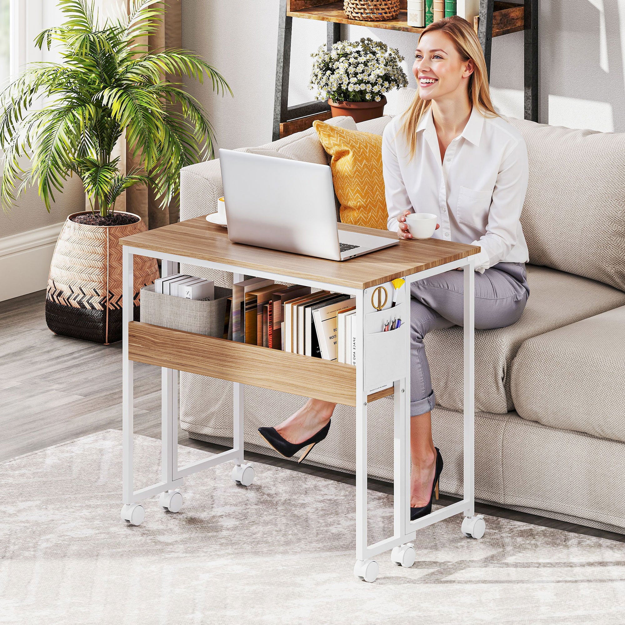 HOMCOM Small Folding Desk, 31.5" Foldable Computer Desk with Storage Bag and Shelf, Space Saving Portable Writing Table on Wheels for Small Spaces, Home Office, Study, Easy Assembly, Natural Wood