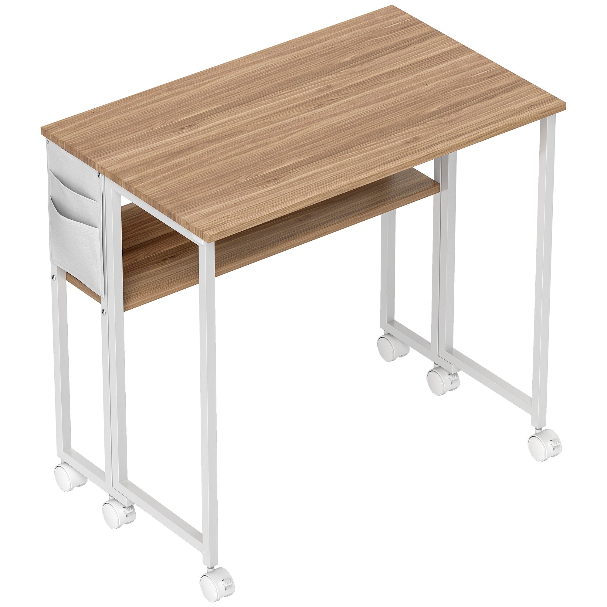 HOMCOM Small Folding Desk, 31.5" Foldable Computer Desk with Storage Bag and Shelf, Space Saving Portable Writing Table on Wheels for Small Spaces, Home Office, Study, Easy Assembly, Natural Wood