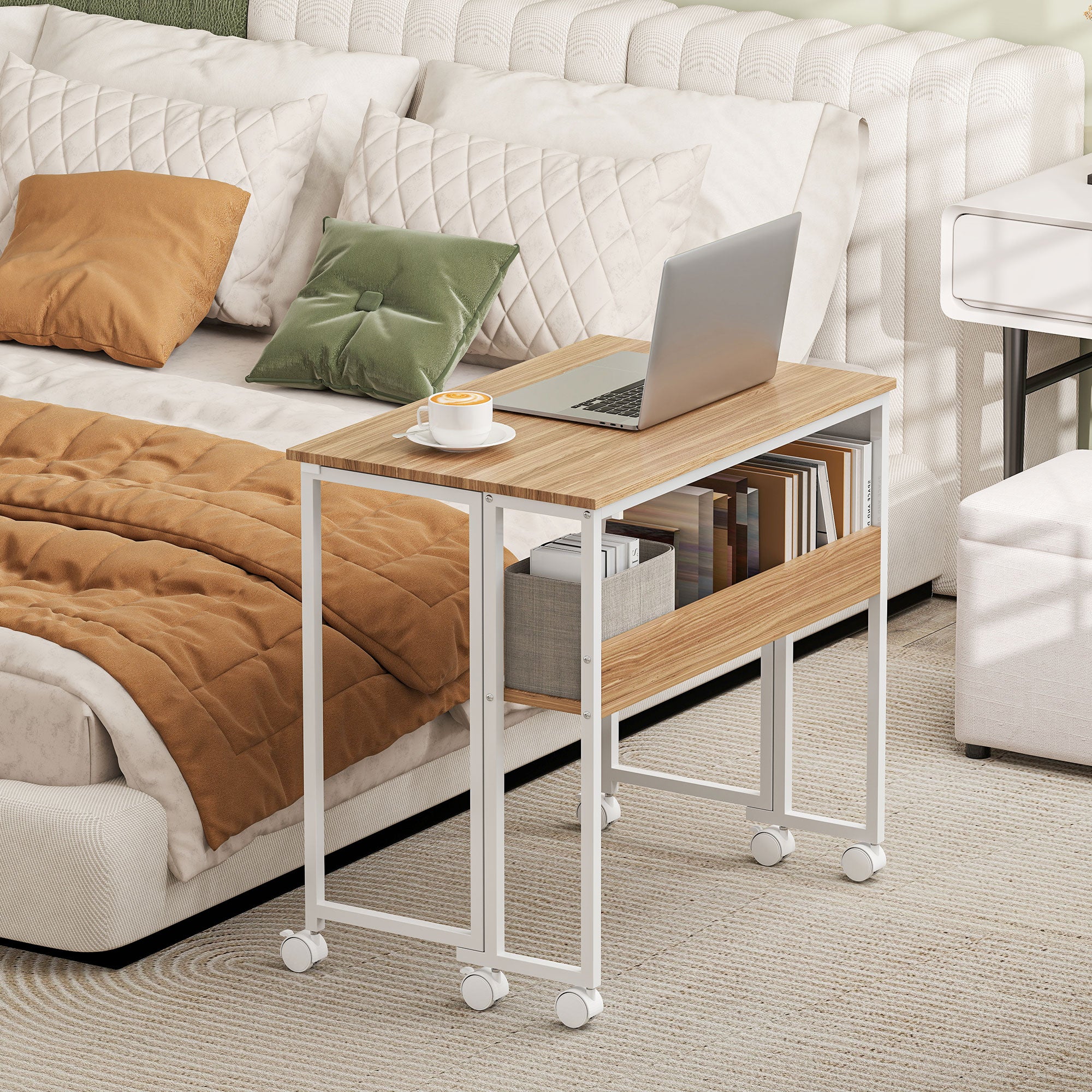 HOMCOM Small Folding Desk, 31.5" Foldable Computer Desk with Storage Bag and Shelf, Space Saving Portable Writing Table on Wheels for Small Spaces, Home Office, Study, Easy Assembly, Natural Wood